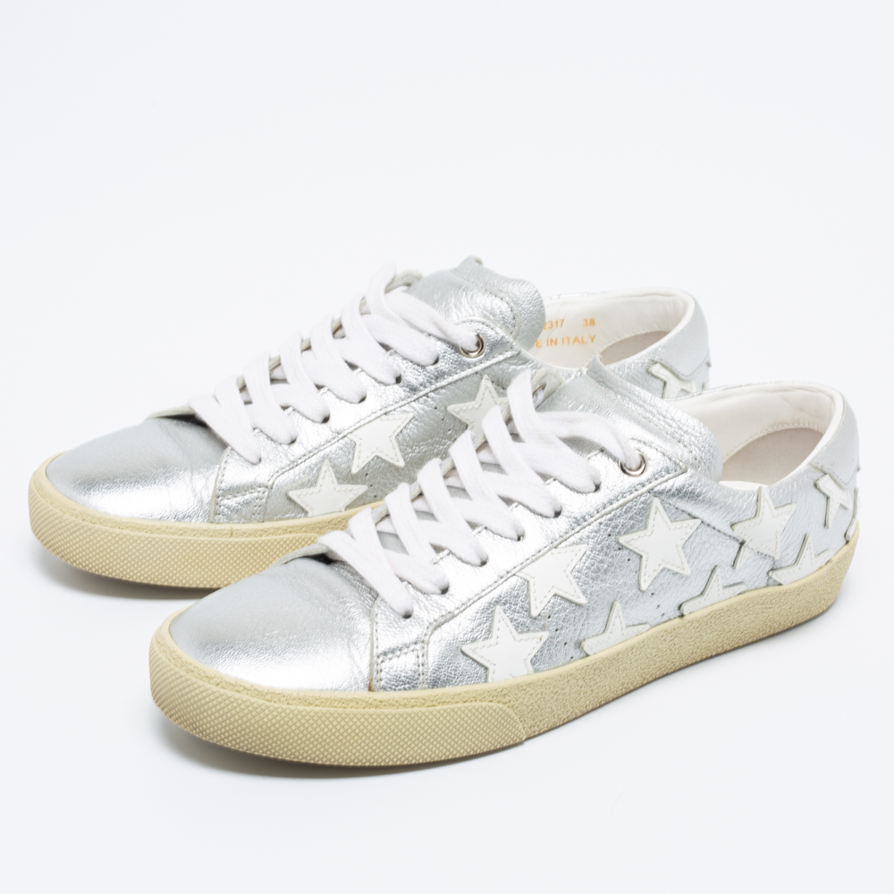 

Saint Laurent White/Silver Leather Star Alpha Low-Top Sneakers Size