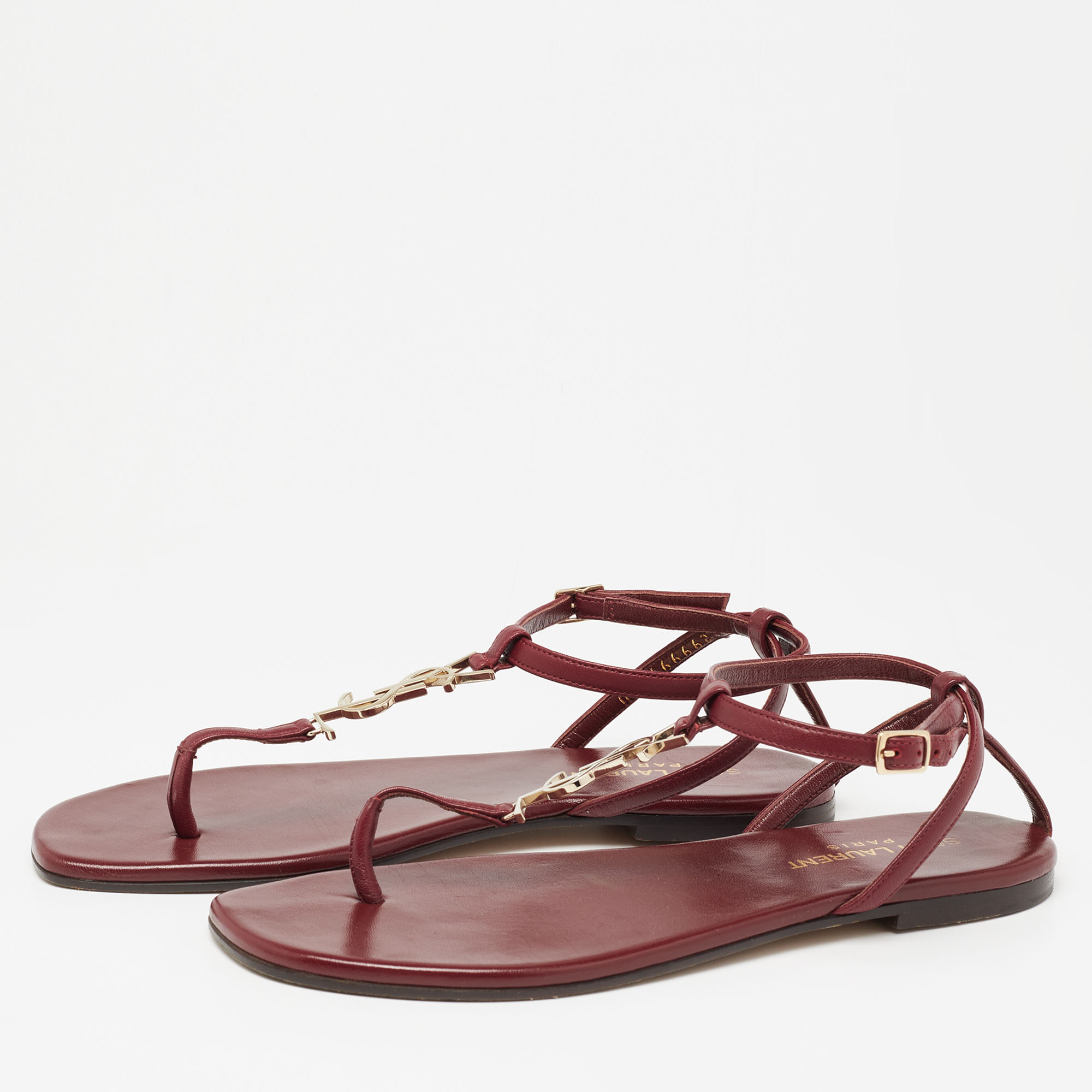 

Saint Laurent Burgundy Leather Logo T-Strap Flat Sandals Size