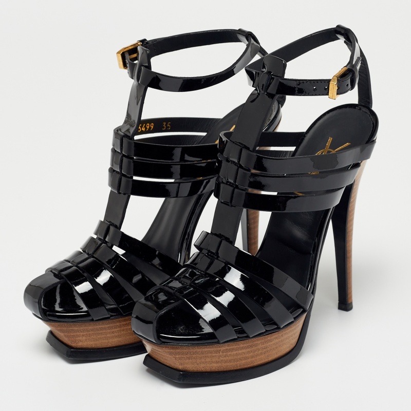 

Saint Laurent Black Patent Leather Strappy Platform Sandals Size