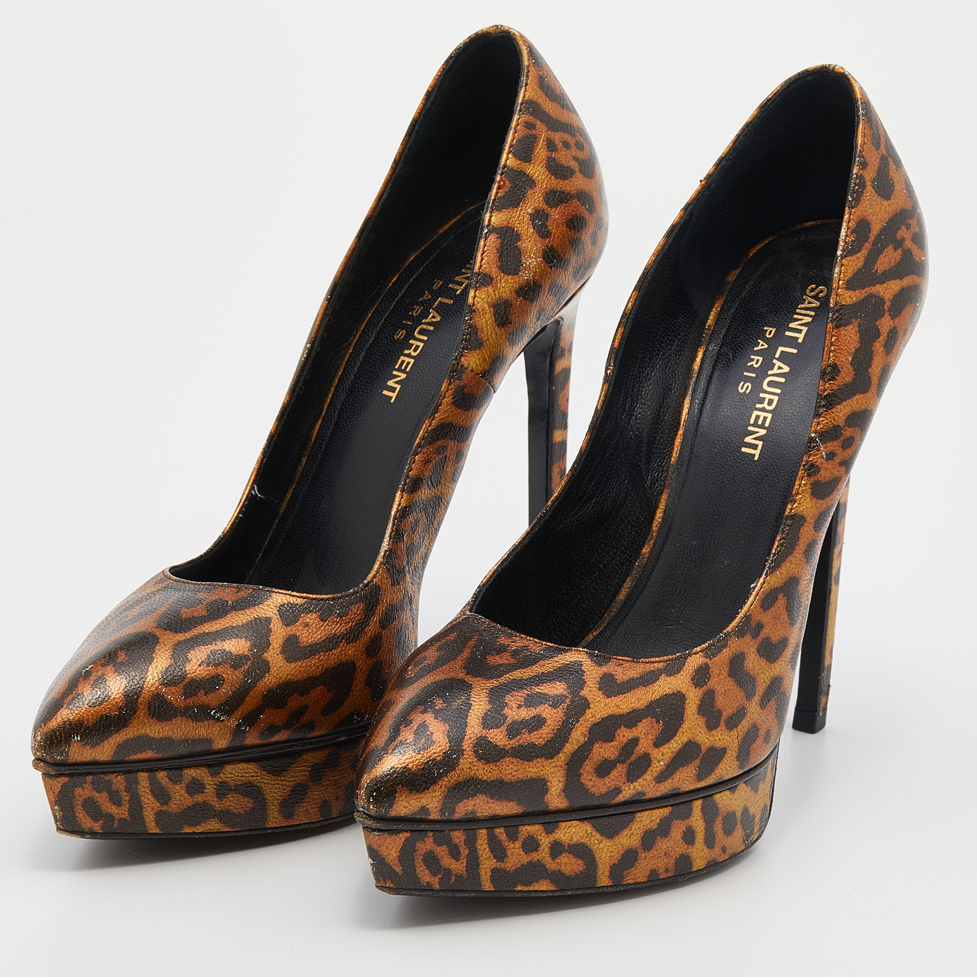 

Saint Laurent Metallic Leopard Print Leather Janis Pointed Toe Platform Pumps Size