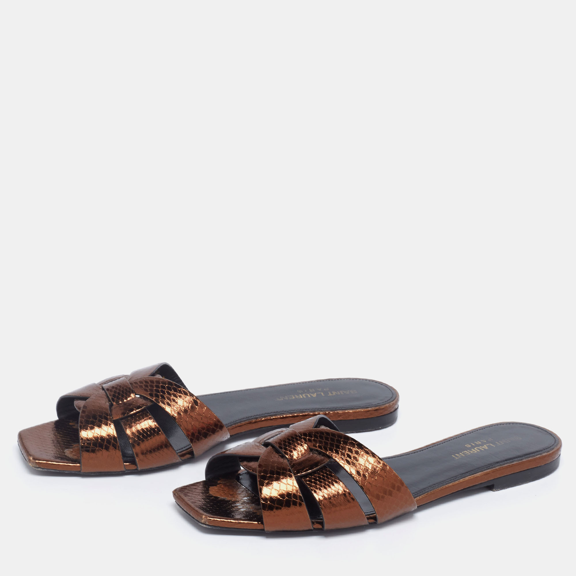 

Saint Laurent Bronze Snakeskin Embossed Leather Tribute Flat Slides Size, Brown