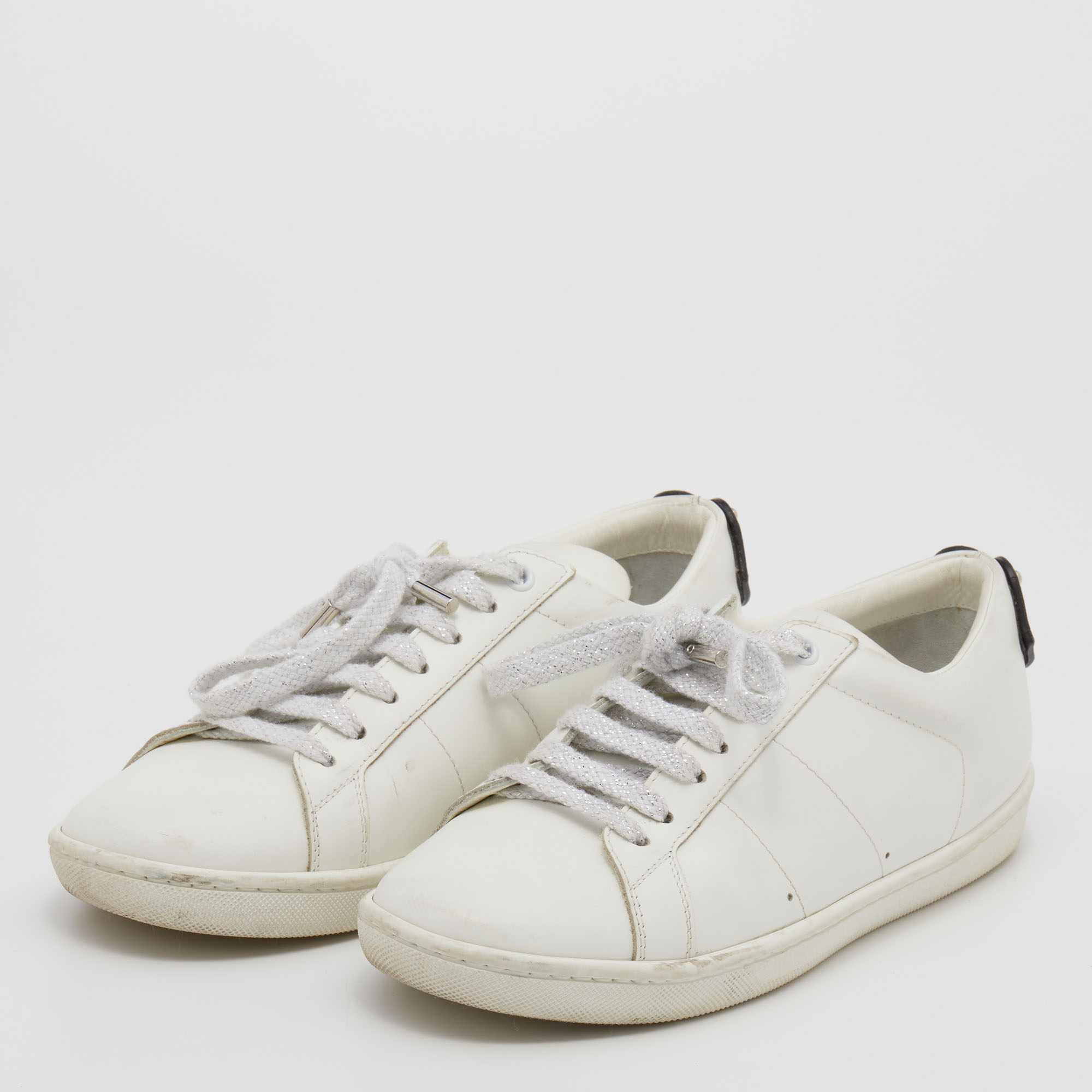 

Saint Laurent White Leather And Snakeskin Embossed Leather Classic Lips Low Top Sneakers Size