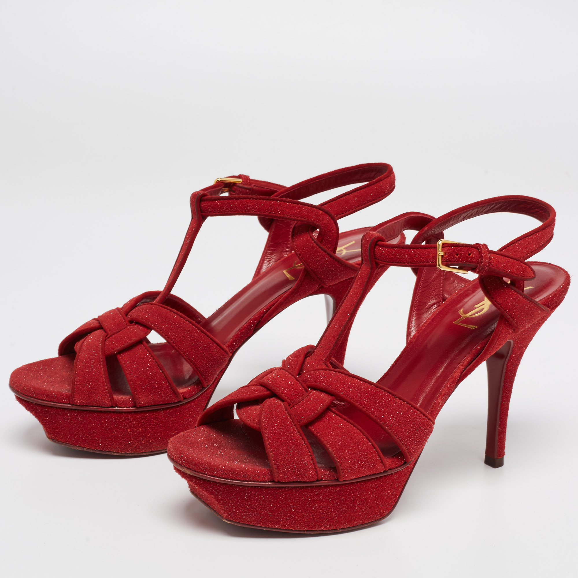

Saint Laurent Red Glitter And Suede Tribute Platform Pumps Size