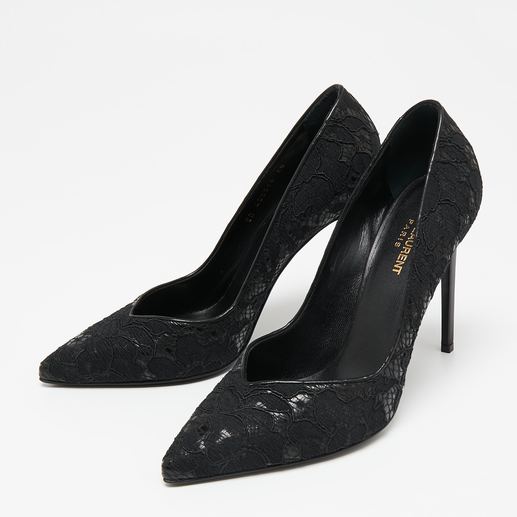 

Saint Laurent Black Lace And Leather Pointed Toe Pumps Size