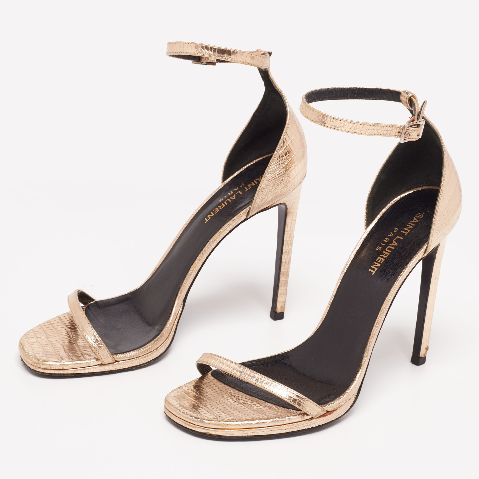 

Saint Laurent Gold Lizard Embossed Leather Jane Ankle-Strap Sandals Size