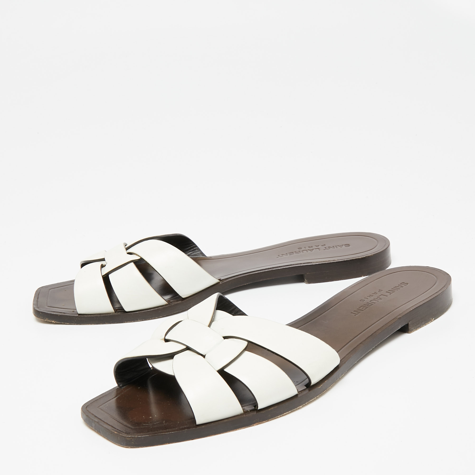 

Saint Laurent White Leather Tribute Flat Slides Size