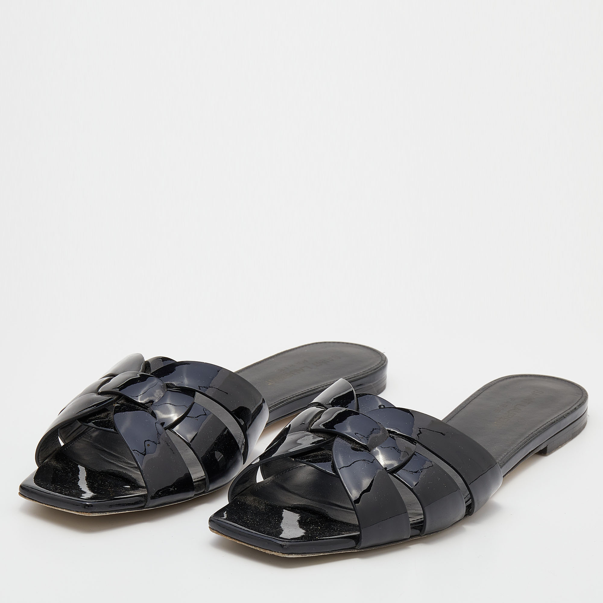 

Saint Laurent Black Patent Leather Tribute Slide Sandals Size