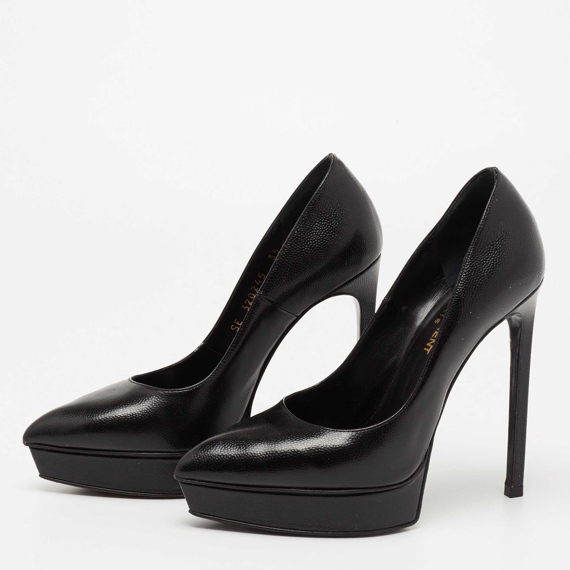 

Saint Laurent Black Textured Leather Janis Platform Pumps Size