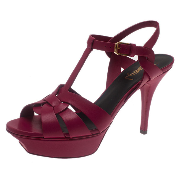 Pre Owned Saint Laurent Paris Pink Leather Tribute Platform Sandals Size 37.5