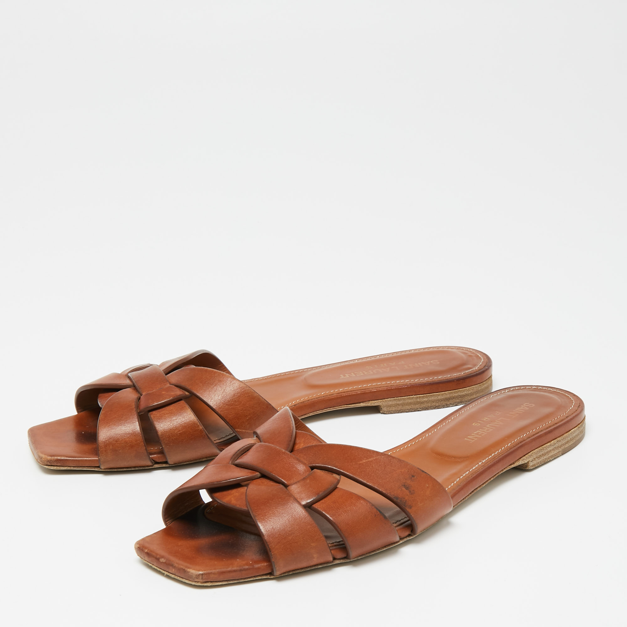 

Saint Laurent Brown Leather Tribute Flat Slides Size