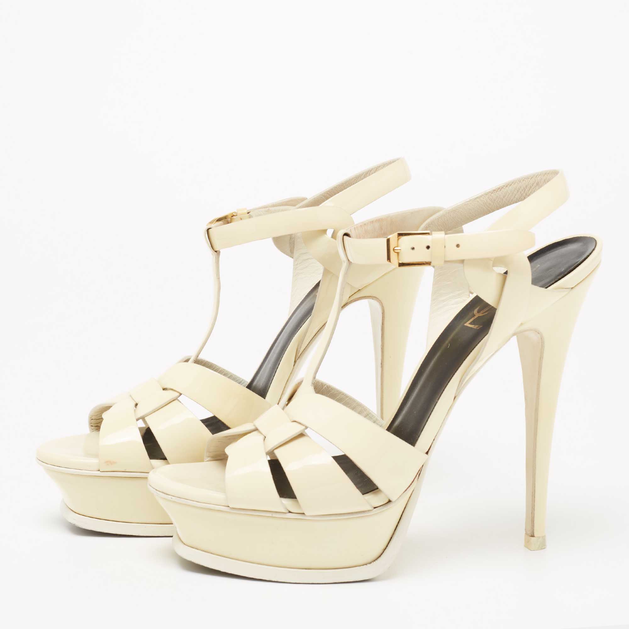 

Saint Laurent Cream Patent Leather Tribute Platform Sandals Size