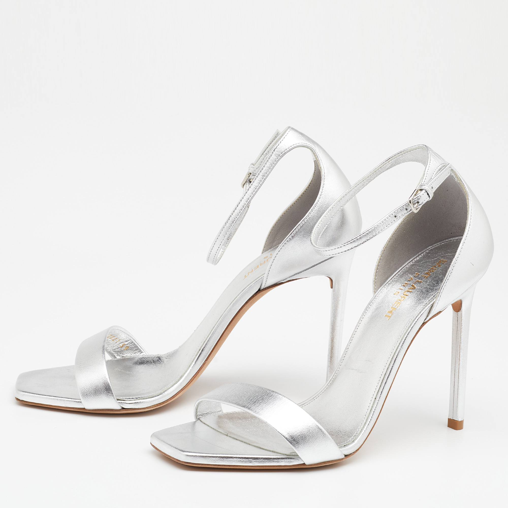 

Saint Laurent Silver Leather Amber Ankle Strap Open Toe Sandals Size