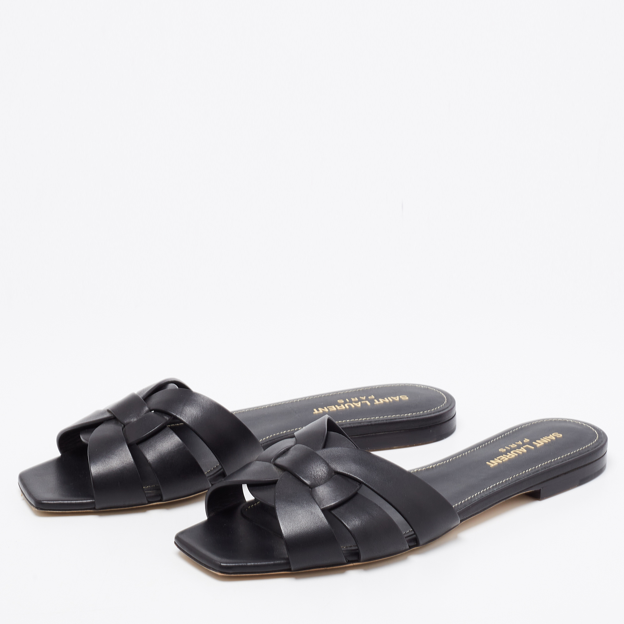 

Saint Laurent Black Leather Tribute Flat Slide Sandals Size