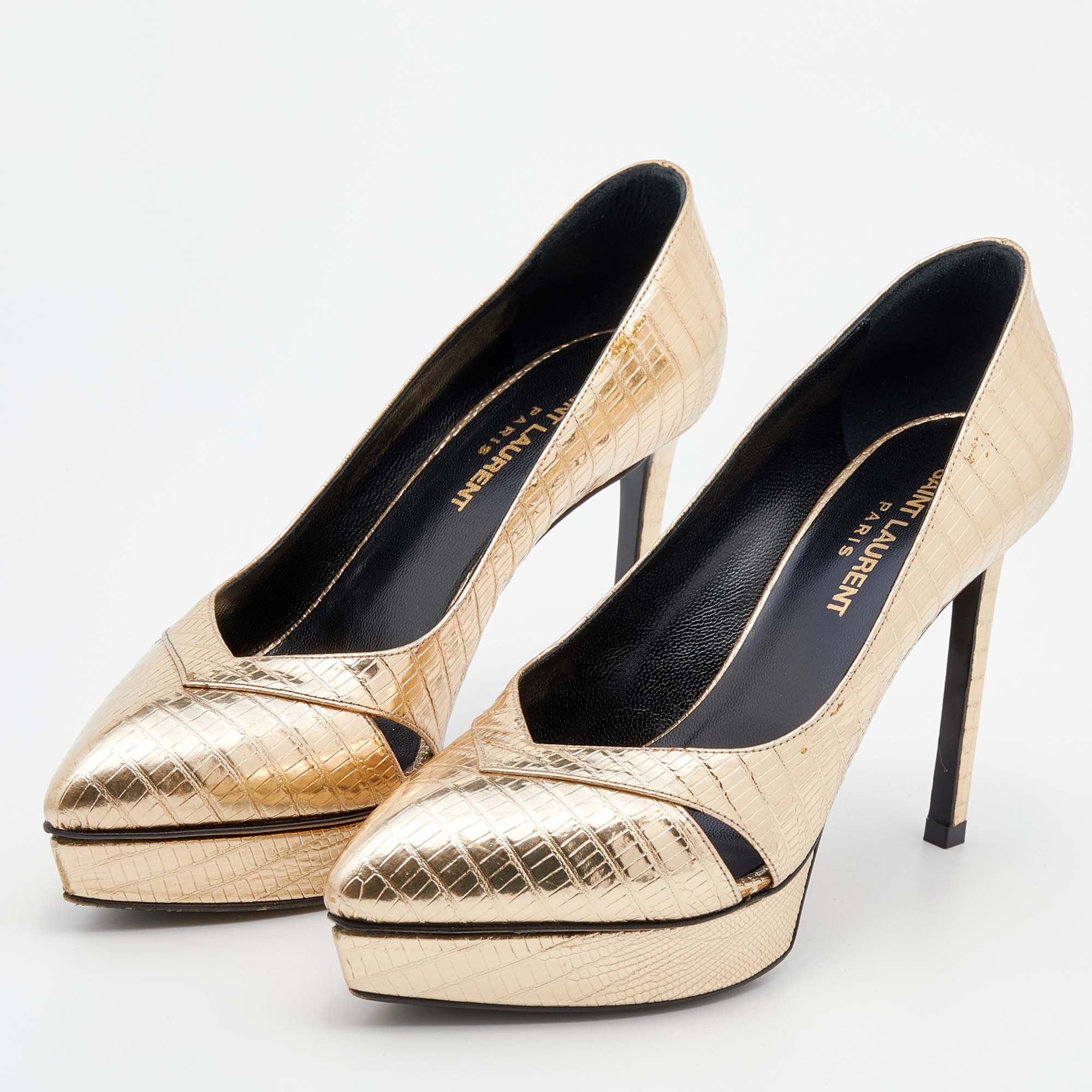 

Saint Laurent Metallic Gold Lizard Embossed Leather Pointed Toe Pumps Size