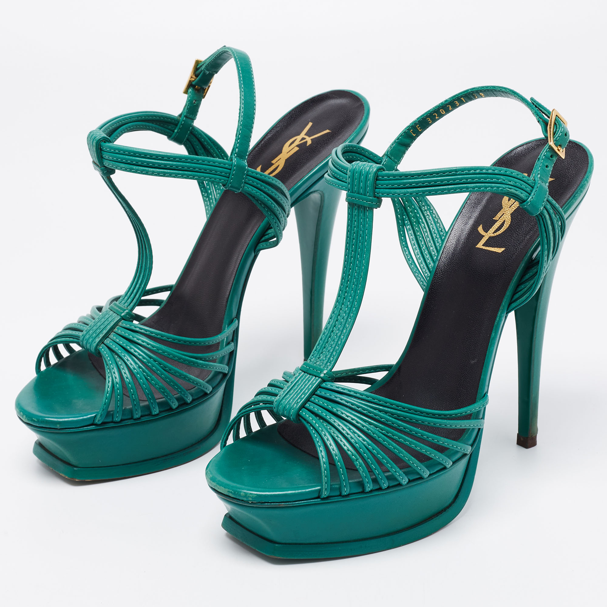 

Saint Laurent Green Leather Strappy Platform Sandals Size