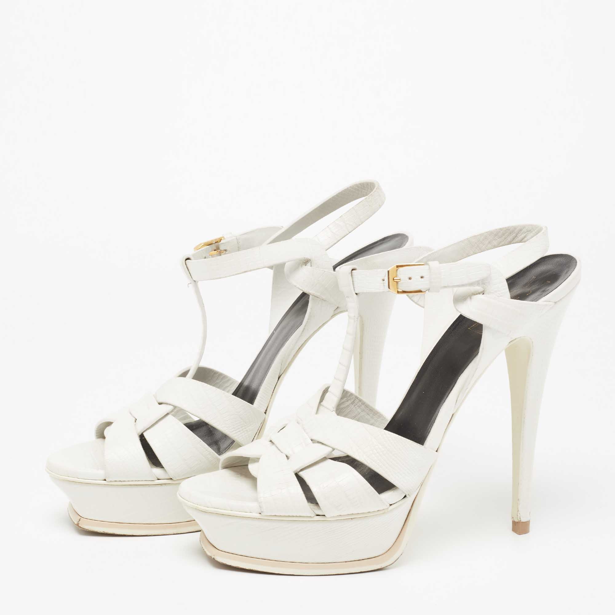 

Saint Laurent White Lizard Embossed Leather Tribute Sandals Size