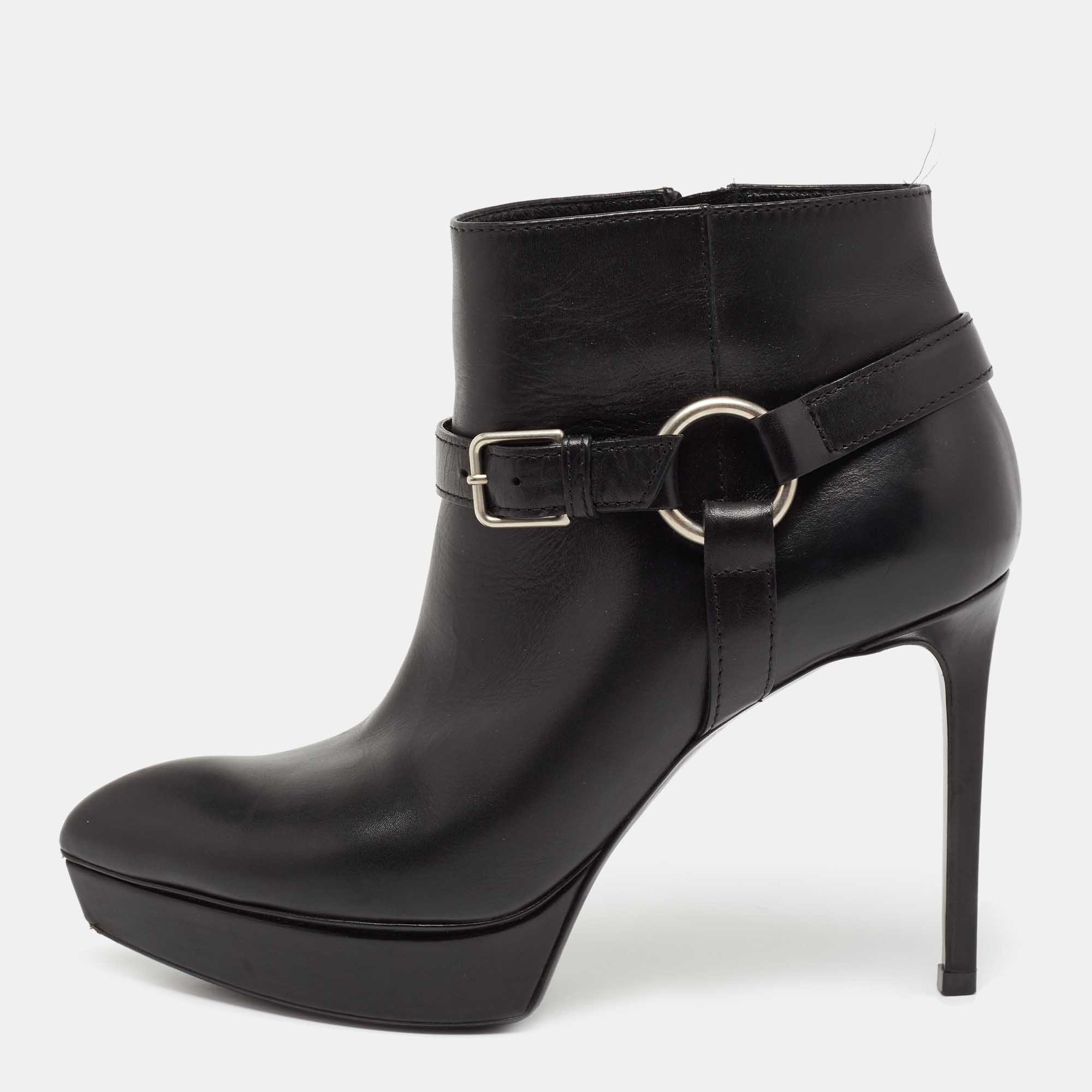 Pre-owned Saint Laurent Black Leather Platform Ankle Boots Size 37