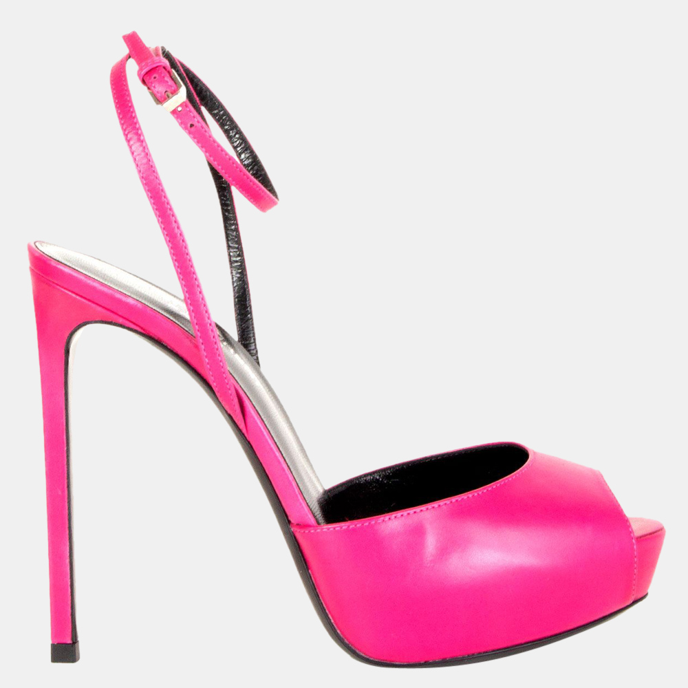 

Saint Laurent Paris Pink Leather Debbie Platform Strap Sandals EU