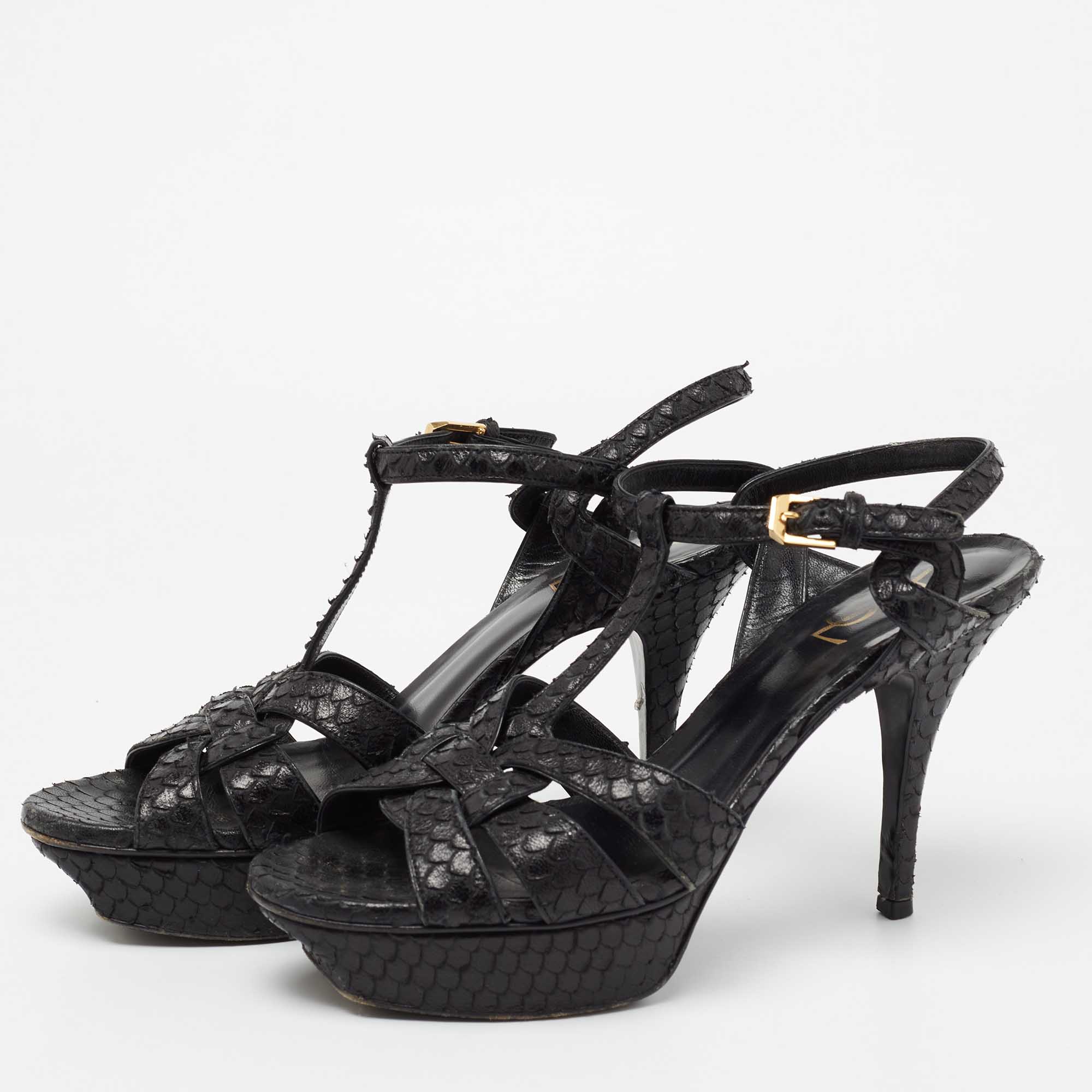 

Saint Laurent Black Python Leather Tribute Ankle Strap Platform Sandals Size