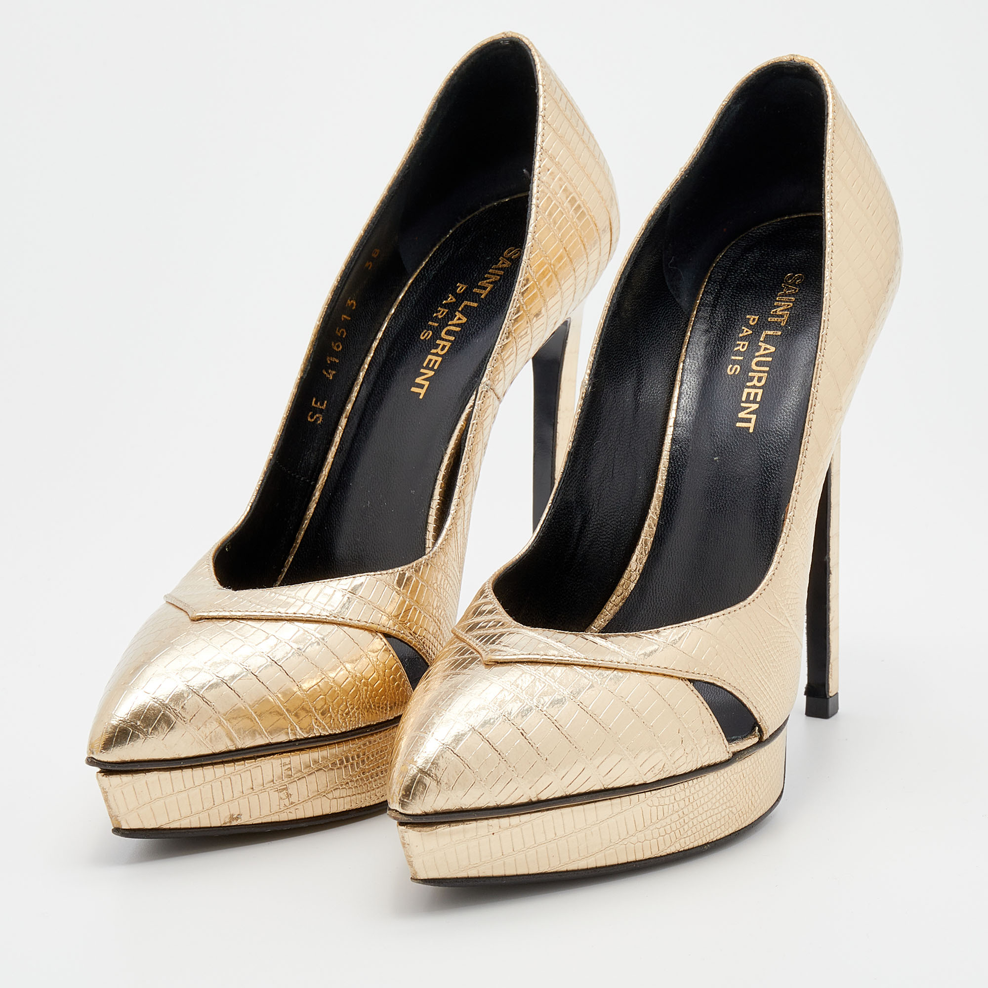 

Saint Laurent Gold Embossed Leather Platform Pumps Size