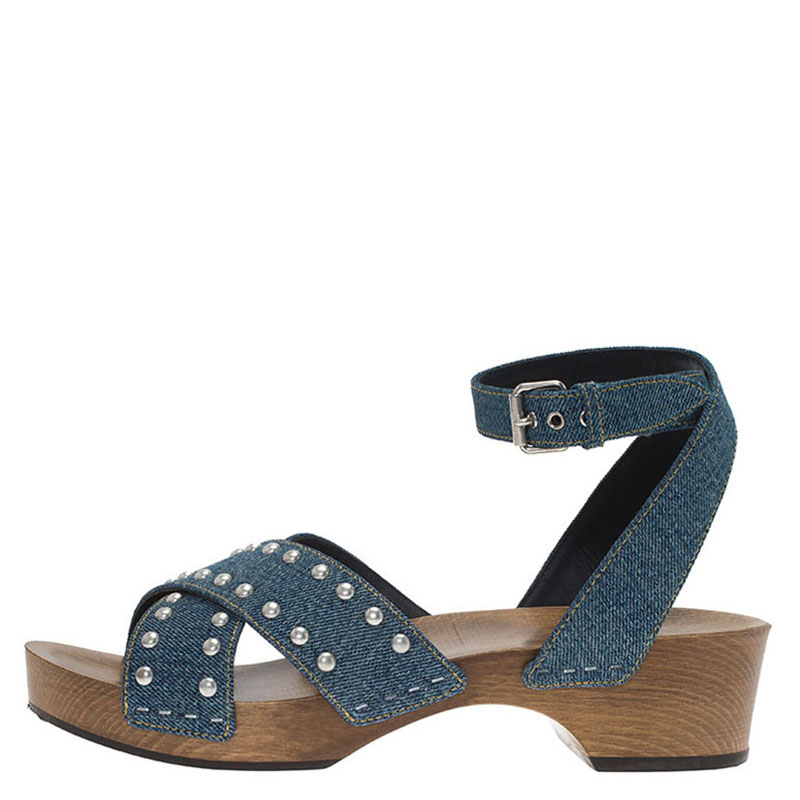 

Saint Laurent Paris Blue Studded Denim Clog Sandals Size