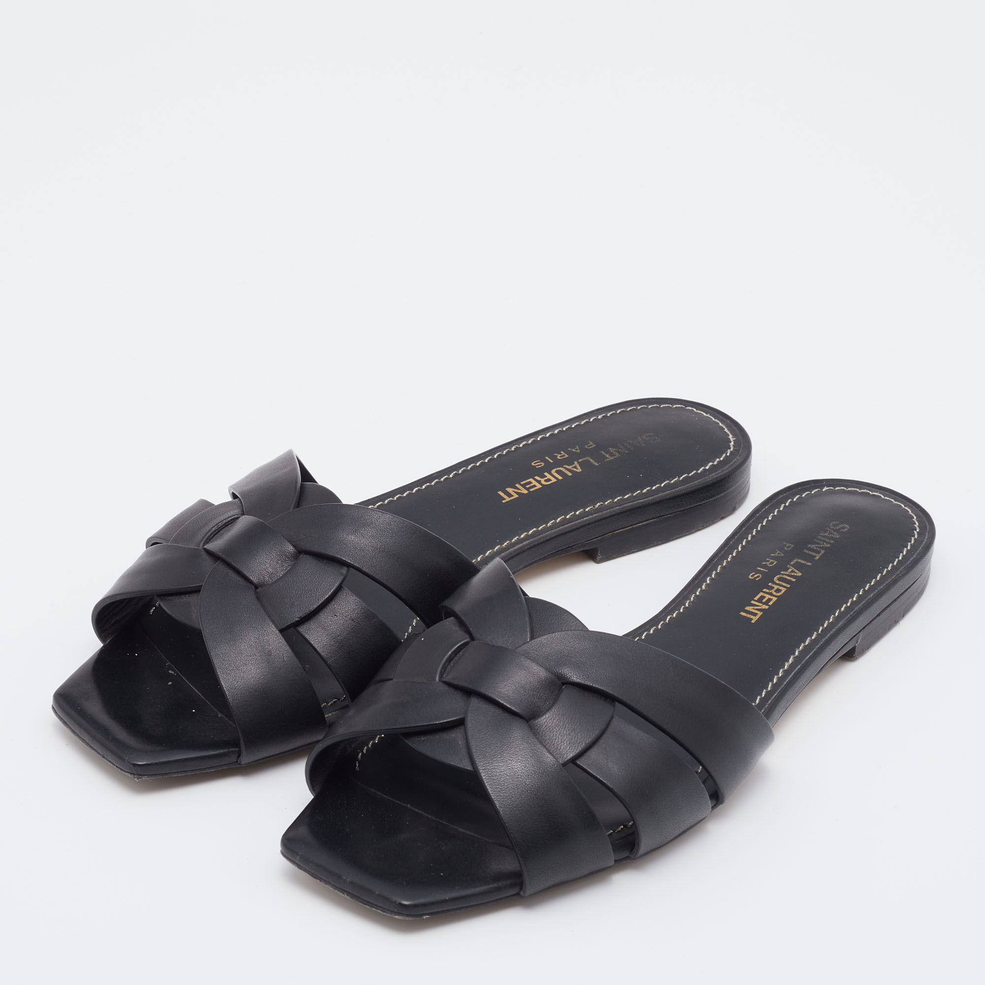 

Saint Laurent Black Leather Tribute Flat Slide Sandals Size