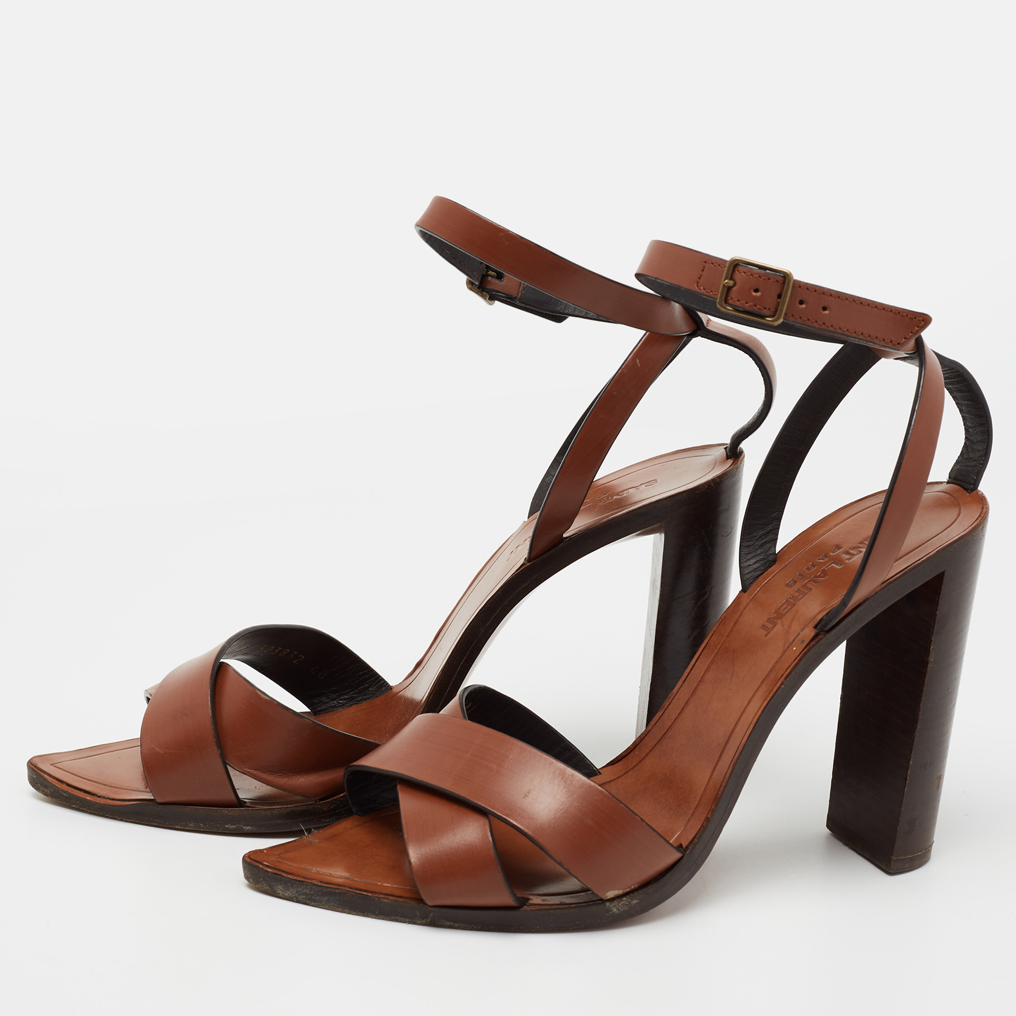 

Saint Laurent Brown Leather Papaya Block Heel Ankle Strap Sandals Size