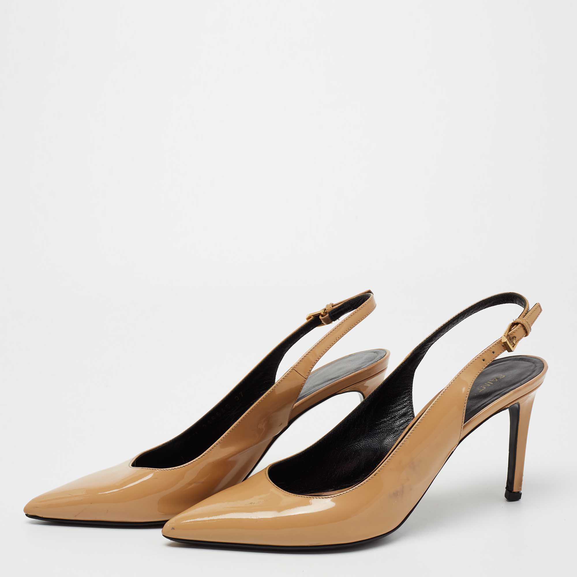 

Saint Laurent Beige Patent Kiki Slingback Pumps Size, Brown