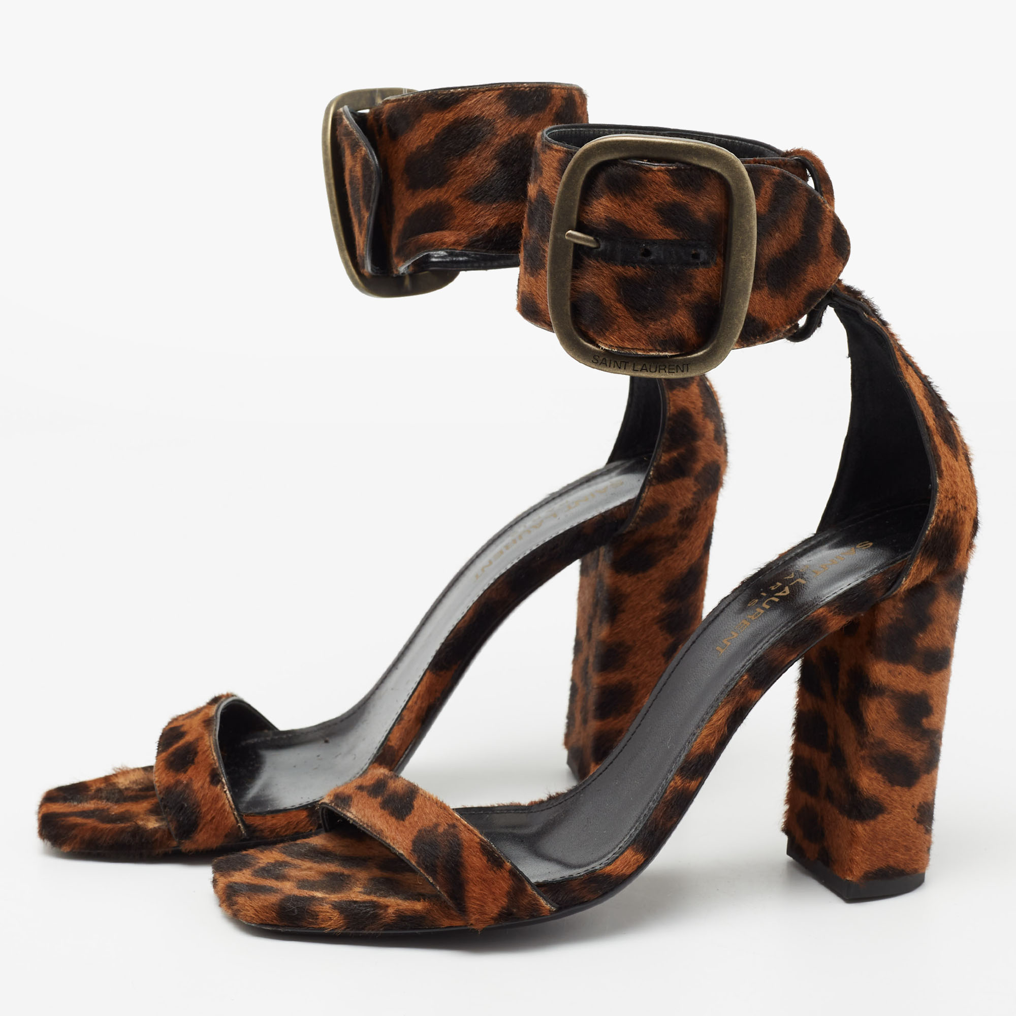 

Saint Laurent Brown Leopard Print Pony Hair Ankle Strap Block Heel Sandals Size
