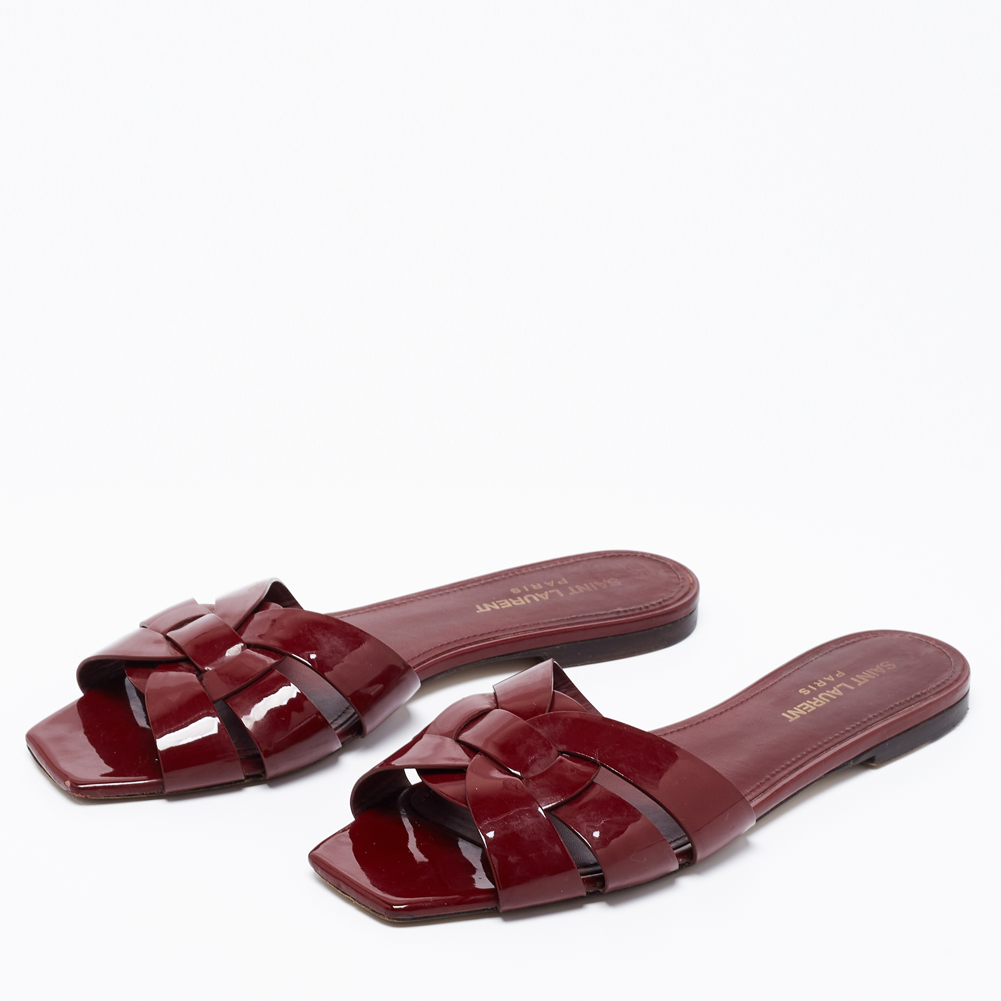 

Saint Laurent Burgundy Patent Leather Tribute Flat Slide Sandals Size