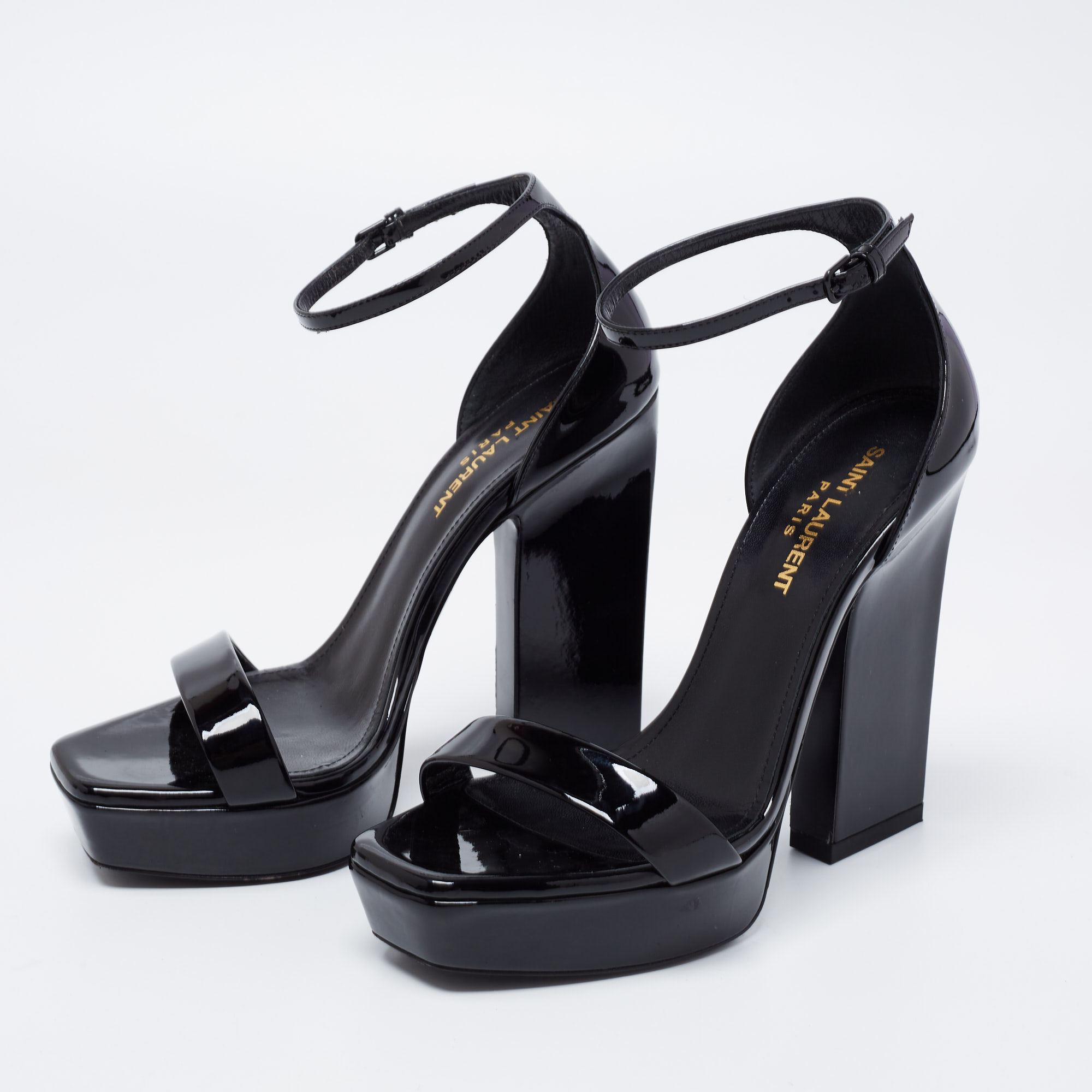 

Saint Laurent Black Patent Leather Ankle-Strap Platform Sandals Size