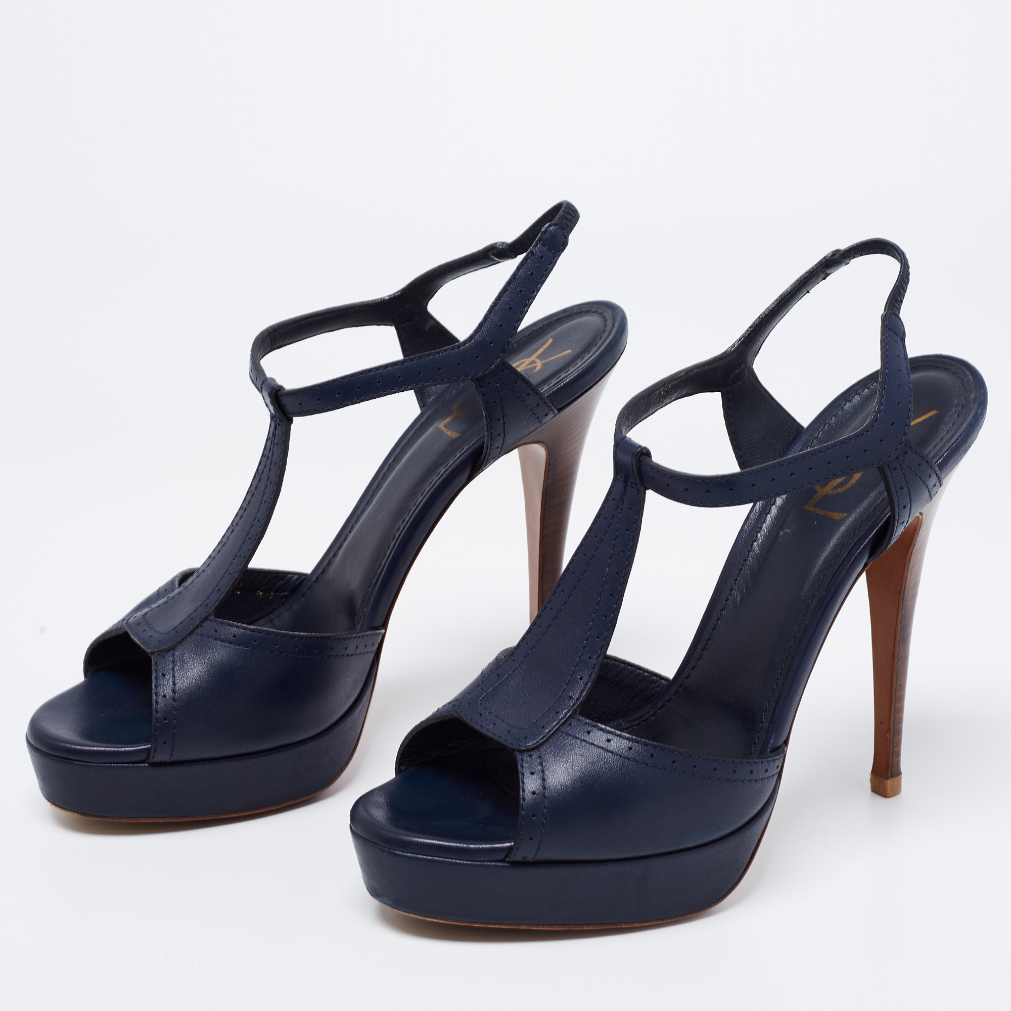 

Saint Laurent Navy Blue Slingback Platform Sandals Size