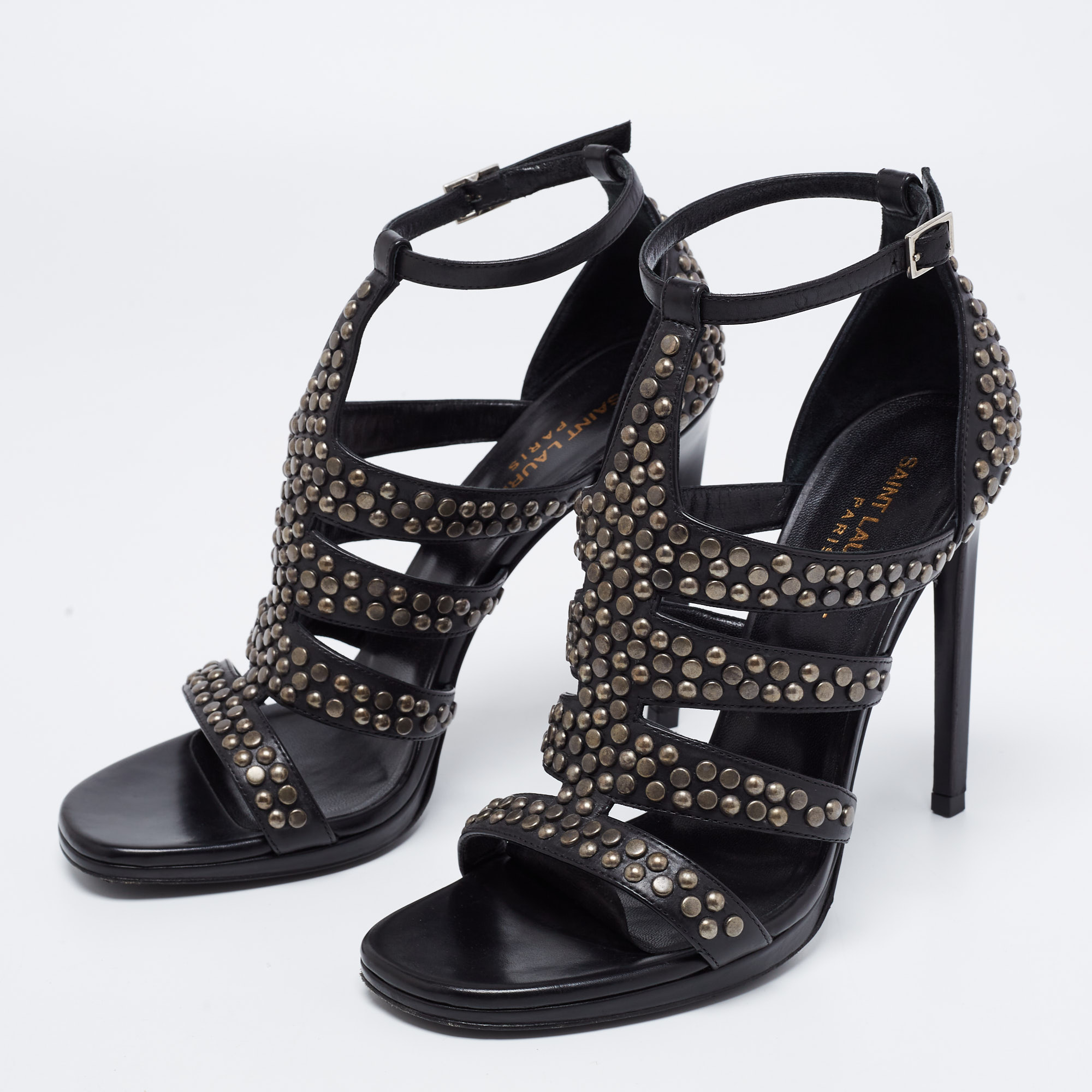 

Saint Laurent Black Leather Studded Strappy Sandals Size