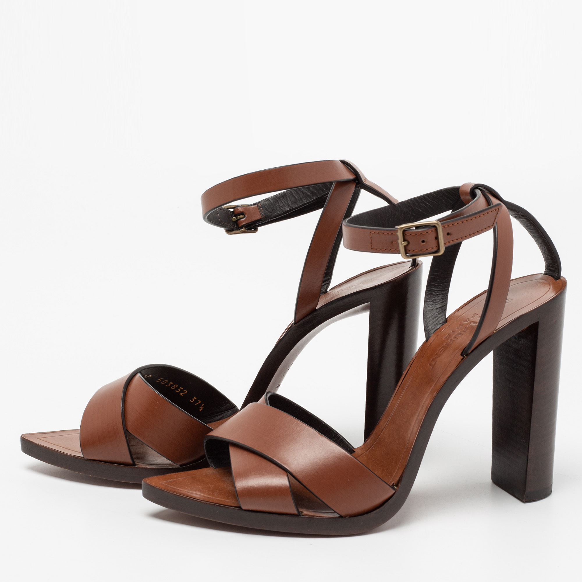 

Saint Laurent Brown Leather Ankle-Strap Block Heel Sandals Size