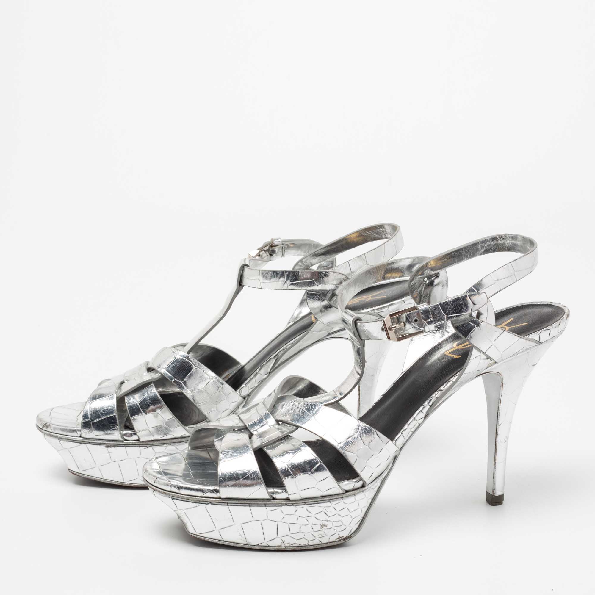 

Saint Laurent Silver Croc Embossed Leather Tribute Sandals Size