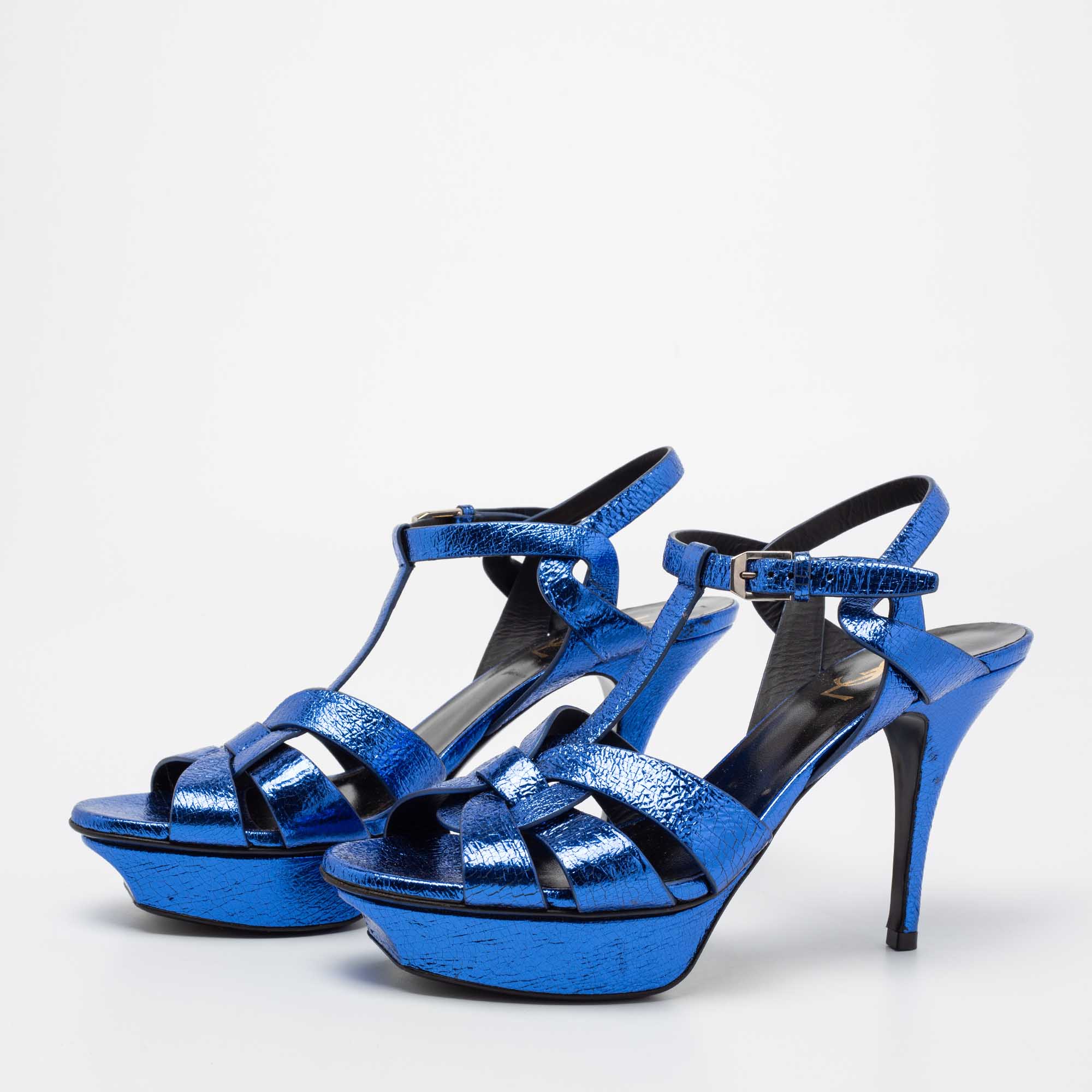 

Saint Laurent Metallic Blue Crackled Leather Tribute Platform Sandals Size