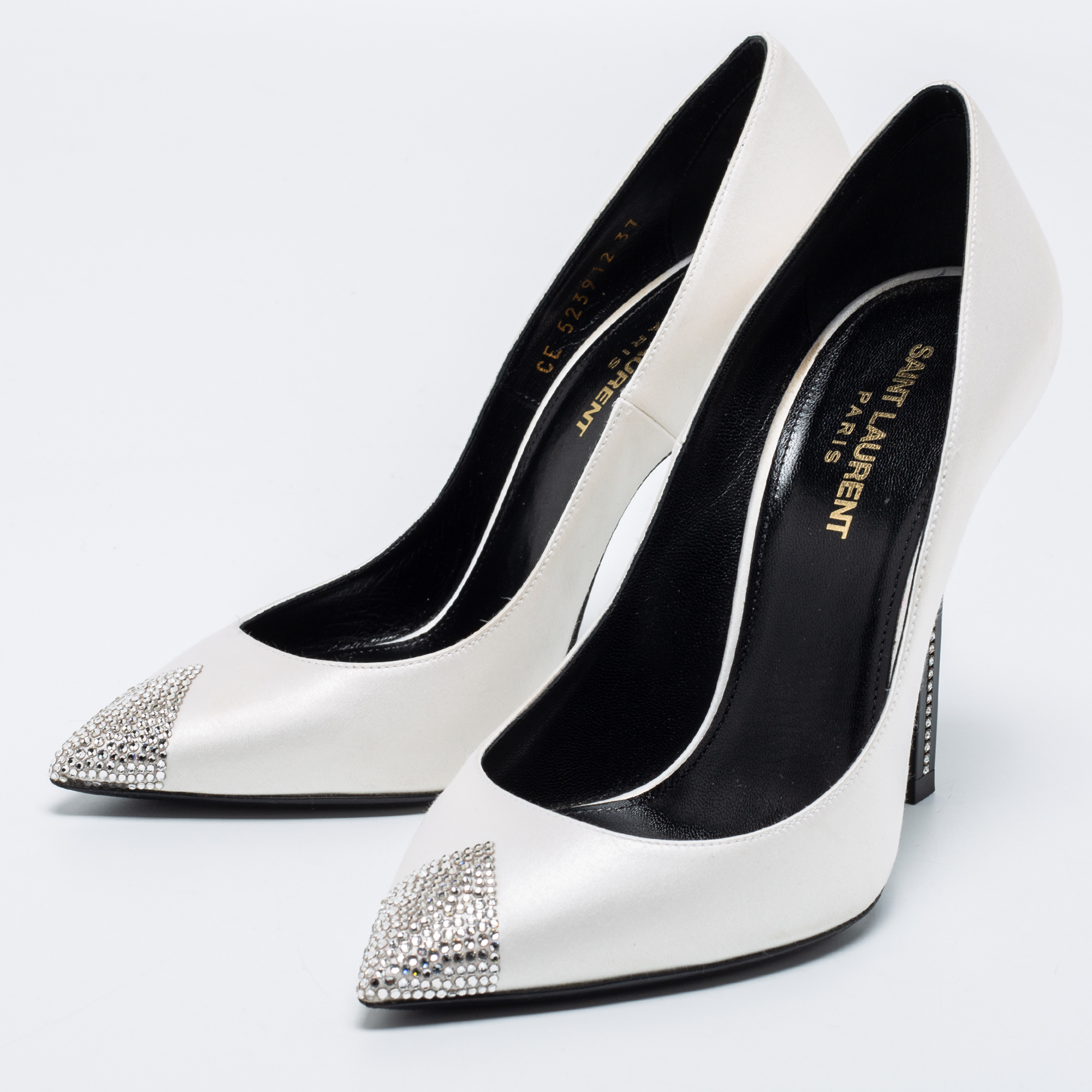 

Saint Laurent White Satin Tower Crystal Embellished Pumps Size