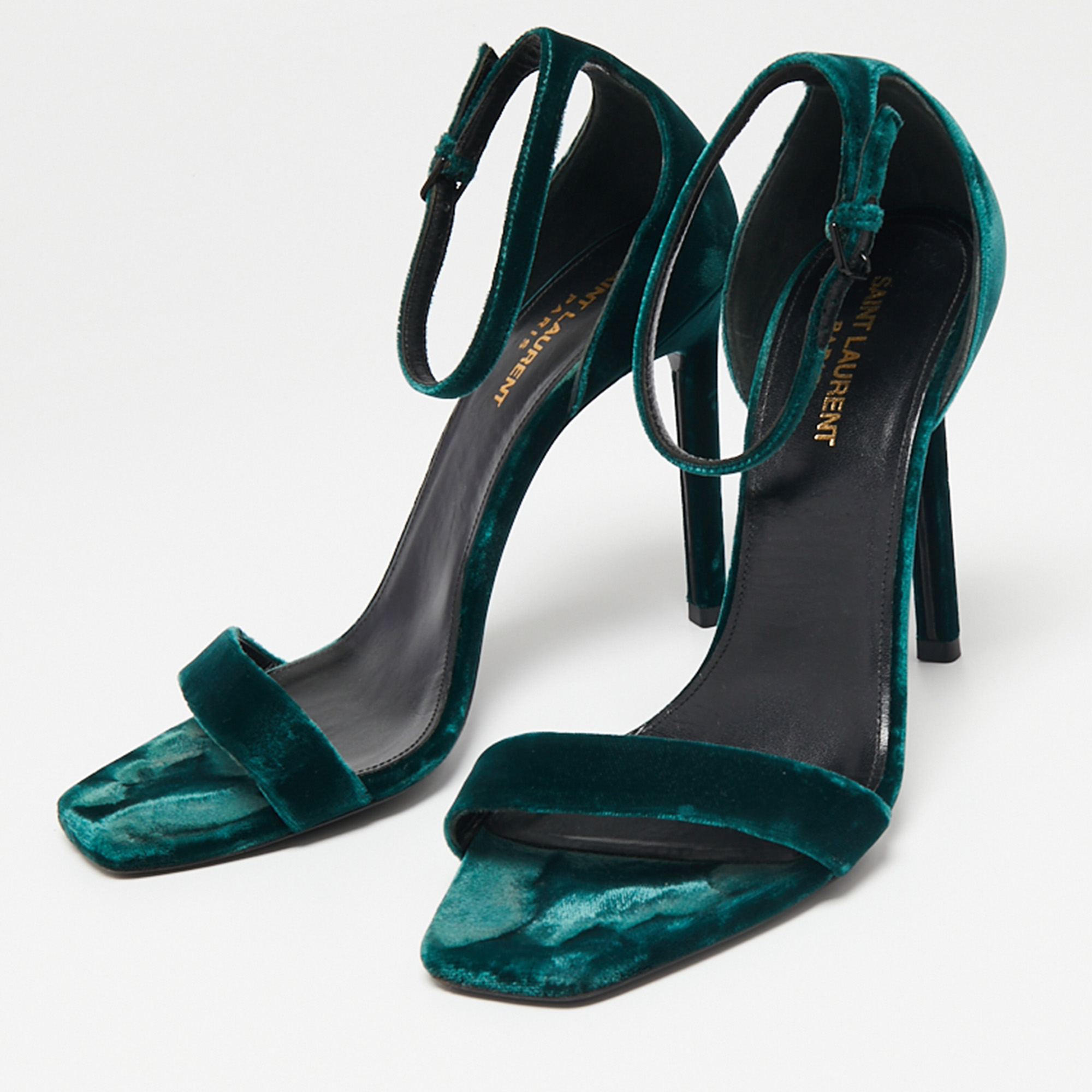 

Saint Laurent Dark Green Velvet Amber Ankle-Strap Sandals Size