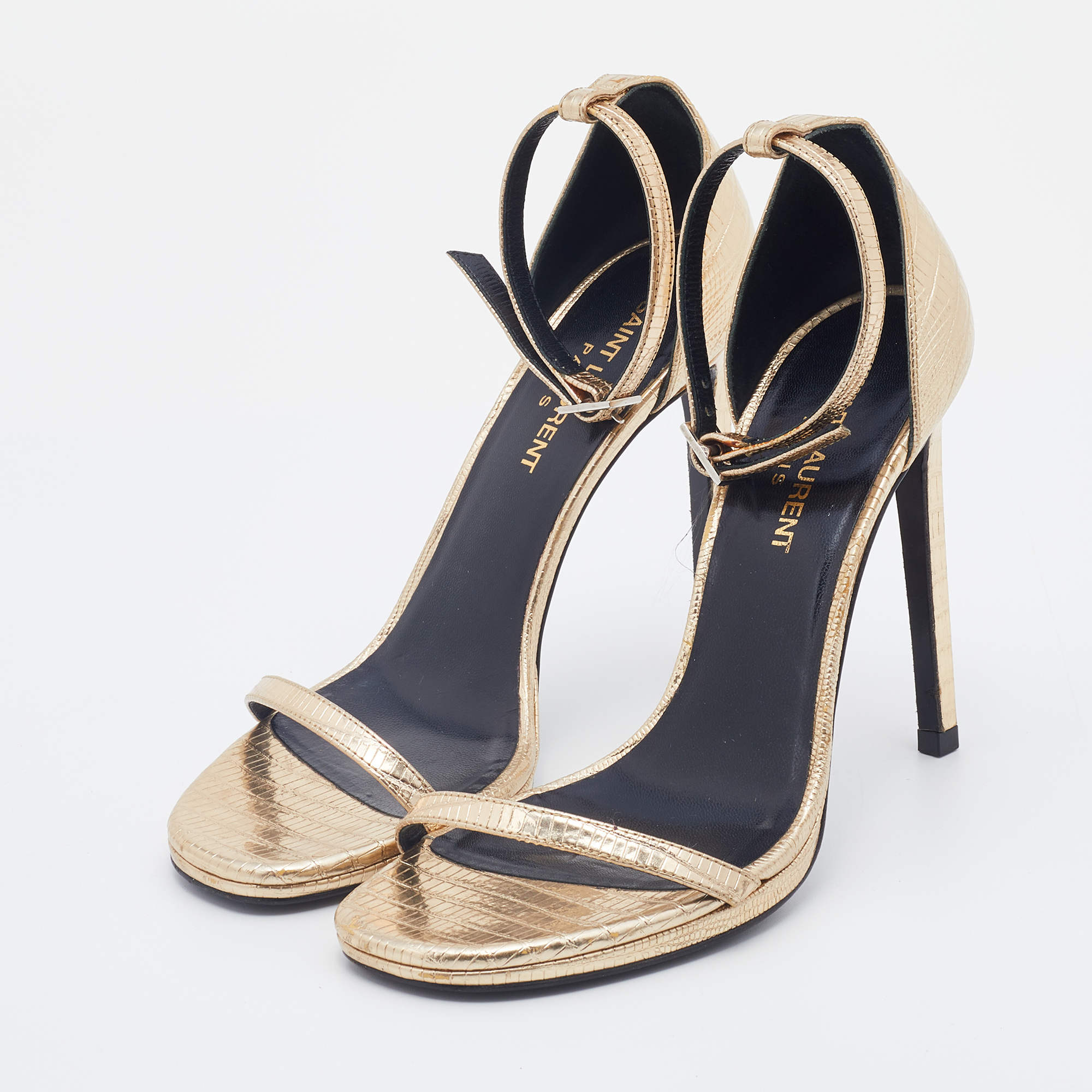 

Saint Laurent Metallic Gold Lizard Embossed Leather Amber Ankle Strap Sandals Size