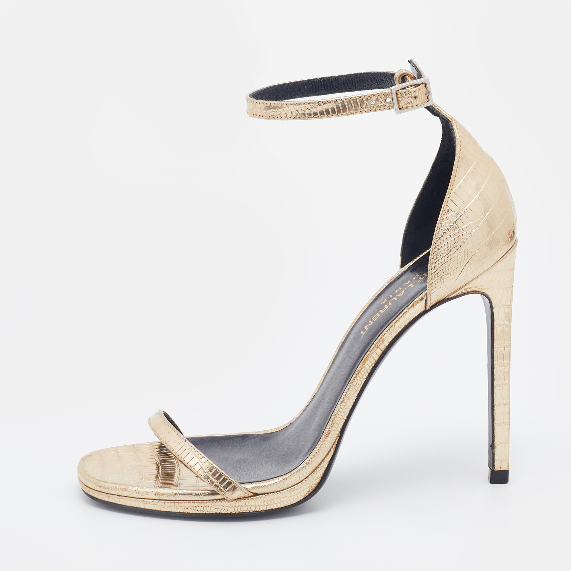 Pre-owned Saint Laurent Metallic Gold Lizard Embossed Leather Amber Ankle Strap Sandals Size 36