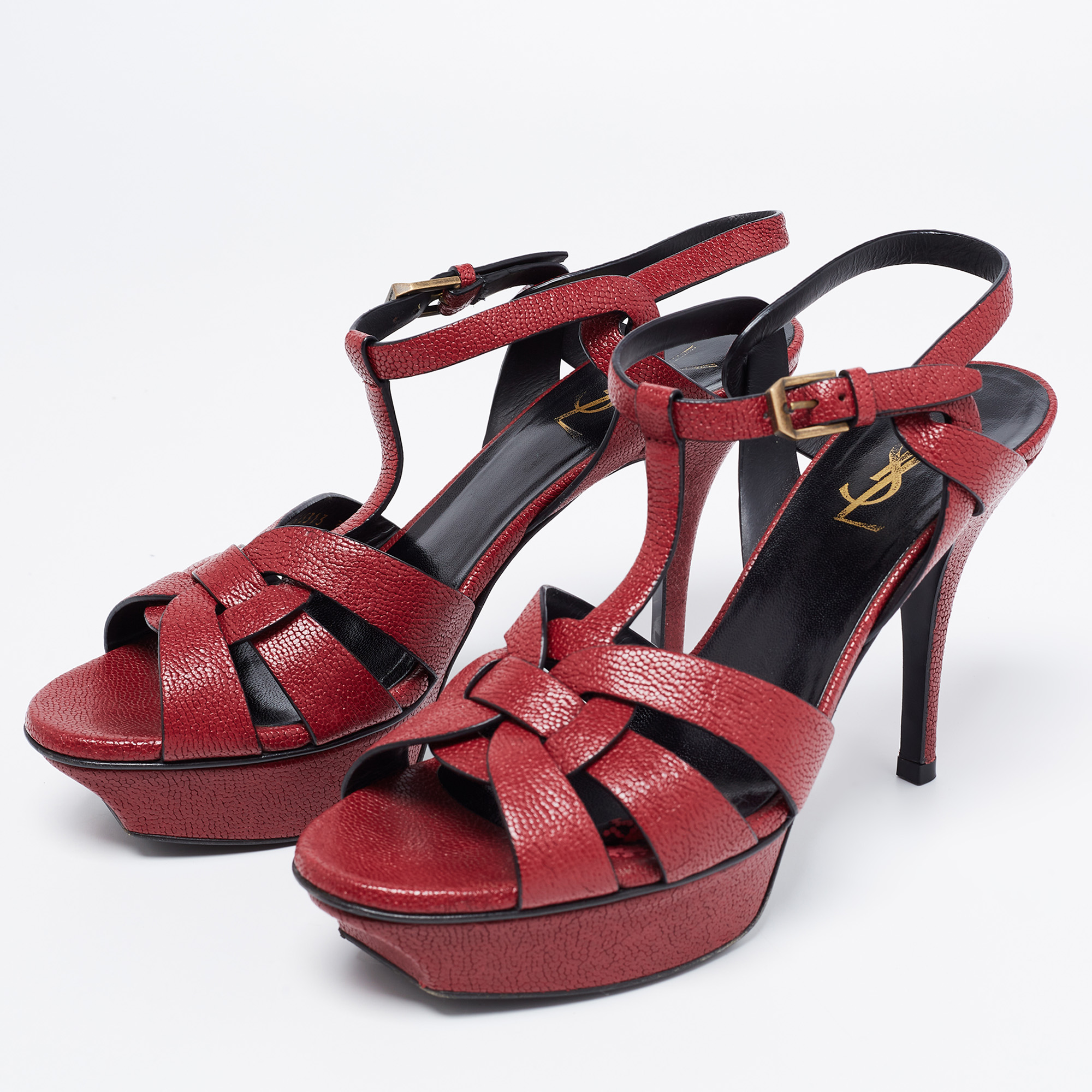 

Saint Laurent Burgundy Leather Tribute Platform Ankle Strap Sandals Size