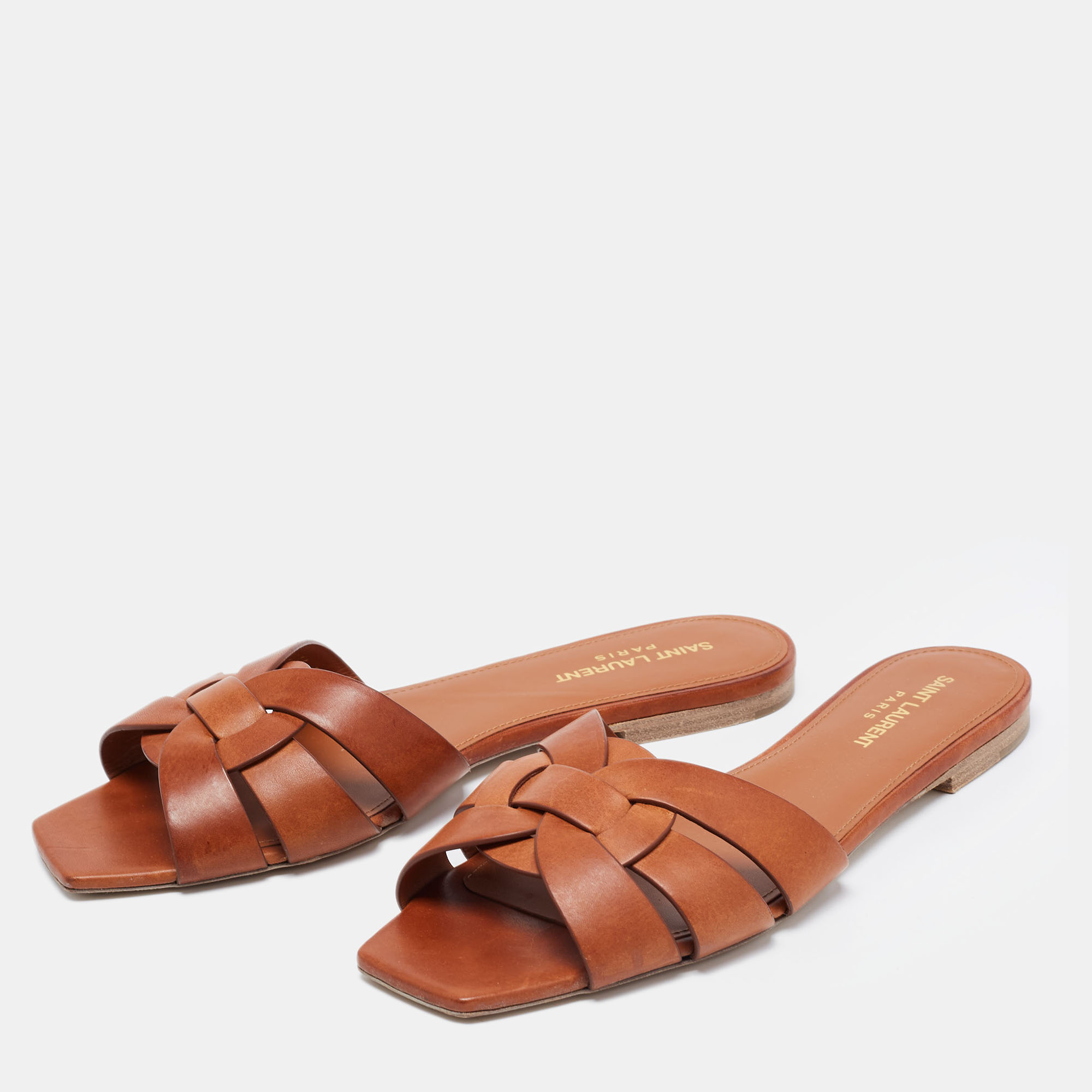 

Saint Laurent Brown Leather Tribute Flat Slide Sandals Size