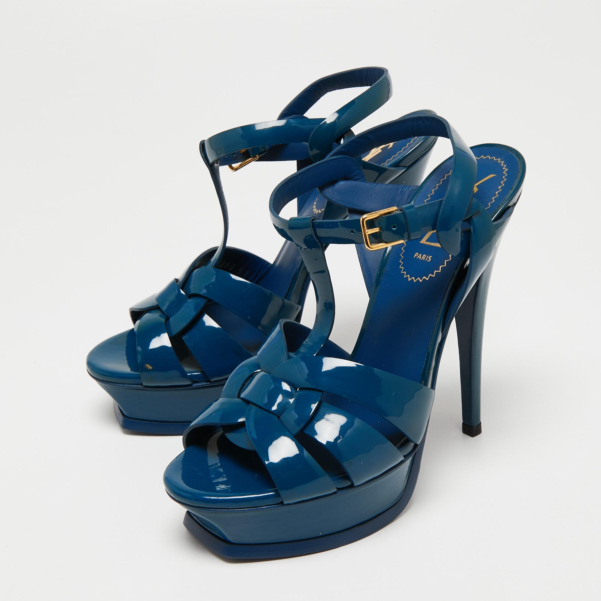 

Saint Laurent Dark Teal Patent Leather Tribute Platform Sandals Size, Blue