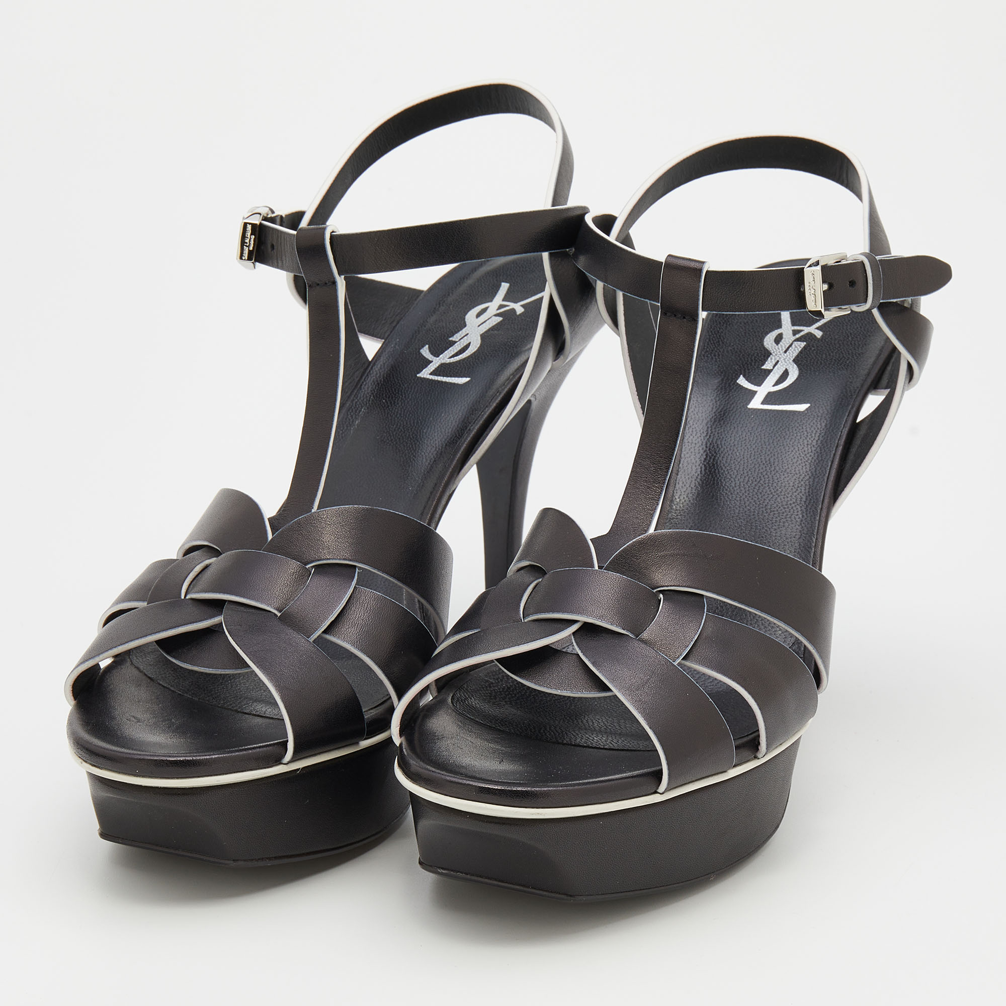 

Saint Laurent Black/White Leather Tribute Platform Sandals Size