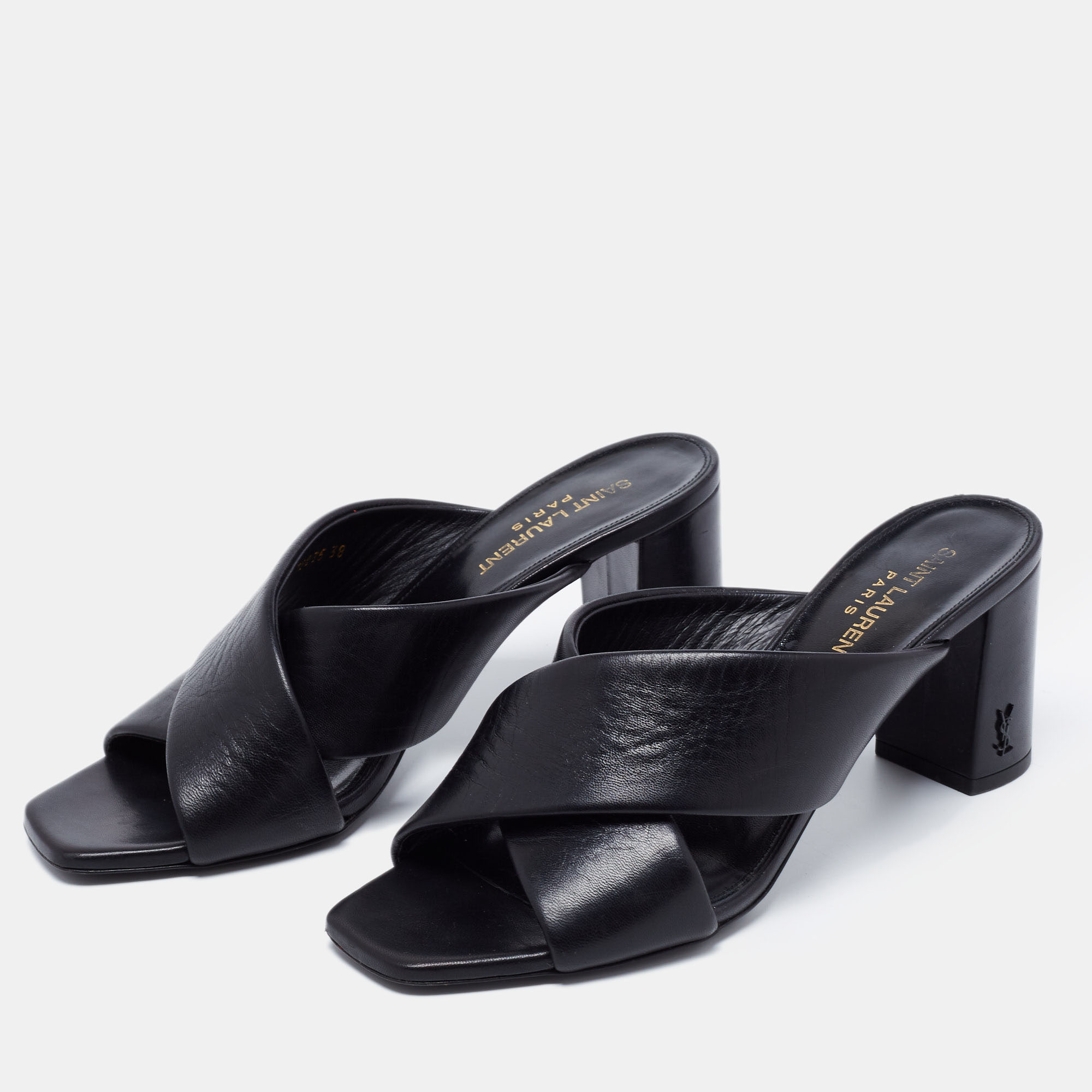 

Saint Laurent Black Leather Loulou Cross Strap Slide Sandals Size