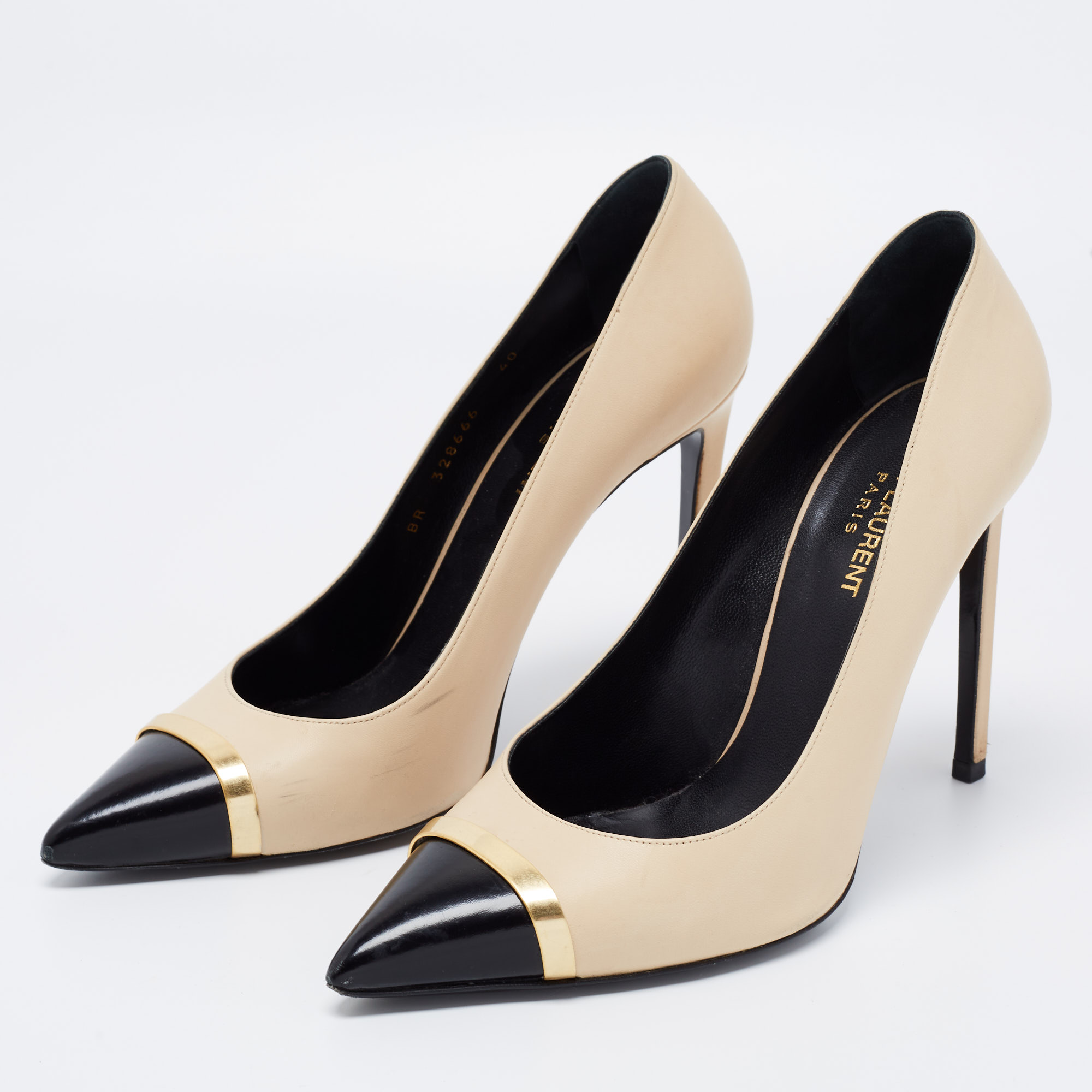

Saint Laurent Beige/Black Leather Pointed Toe Pumps Size