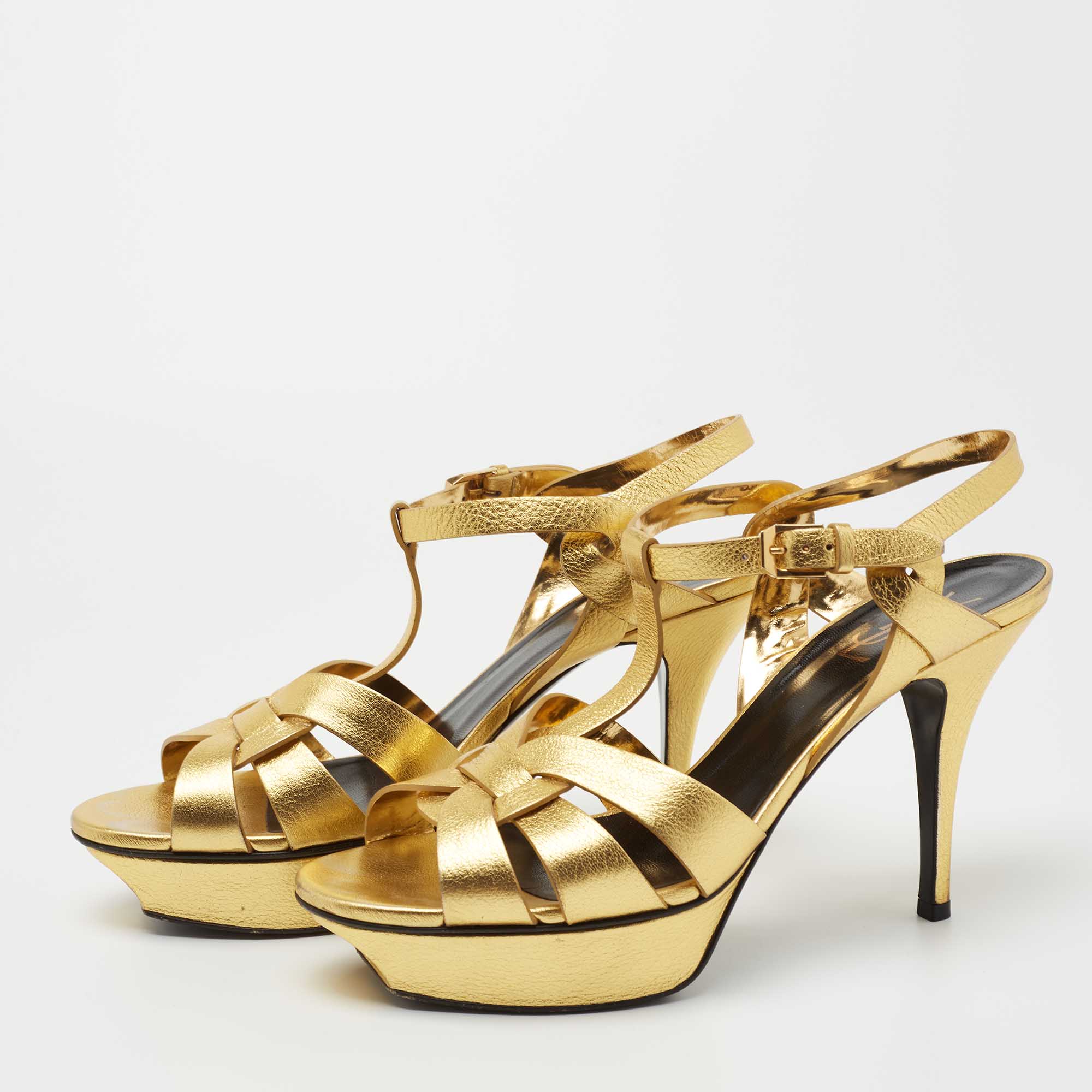 

Saint Laurent Metallic Gold Leather Tribute Sandals Size