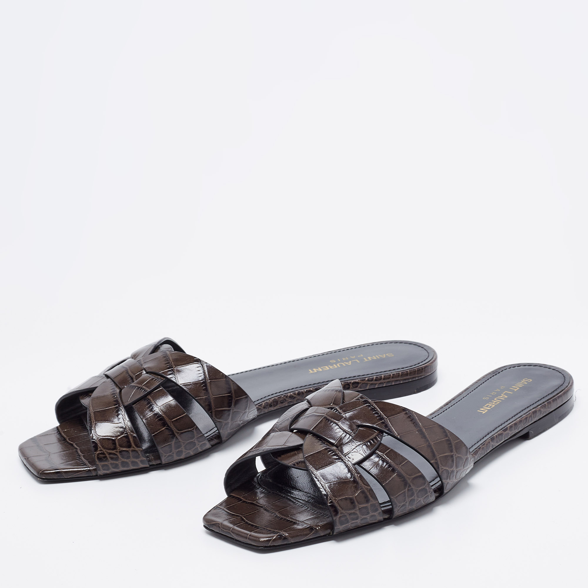 

Saint Laurent Brown/Black Croc Embossed Leather Tribute Flats Size