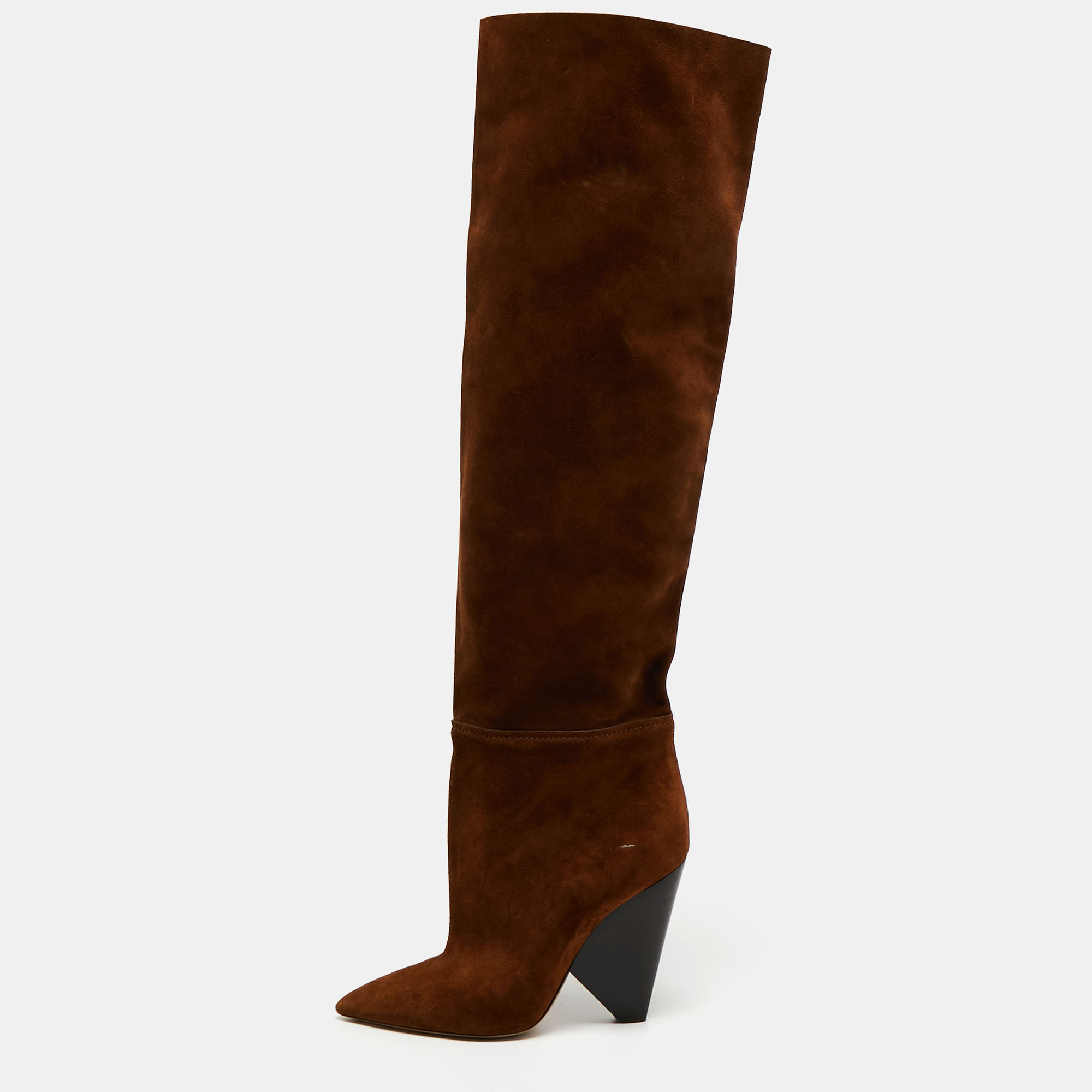 Pre-owned Saint Laurent Brown Suede Babies Knee Length Boots Size 38