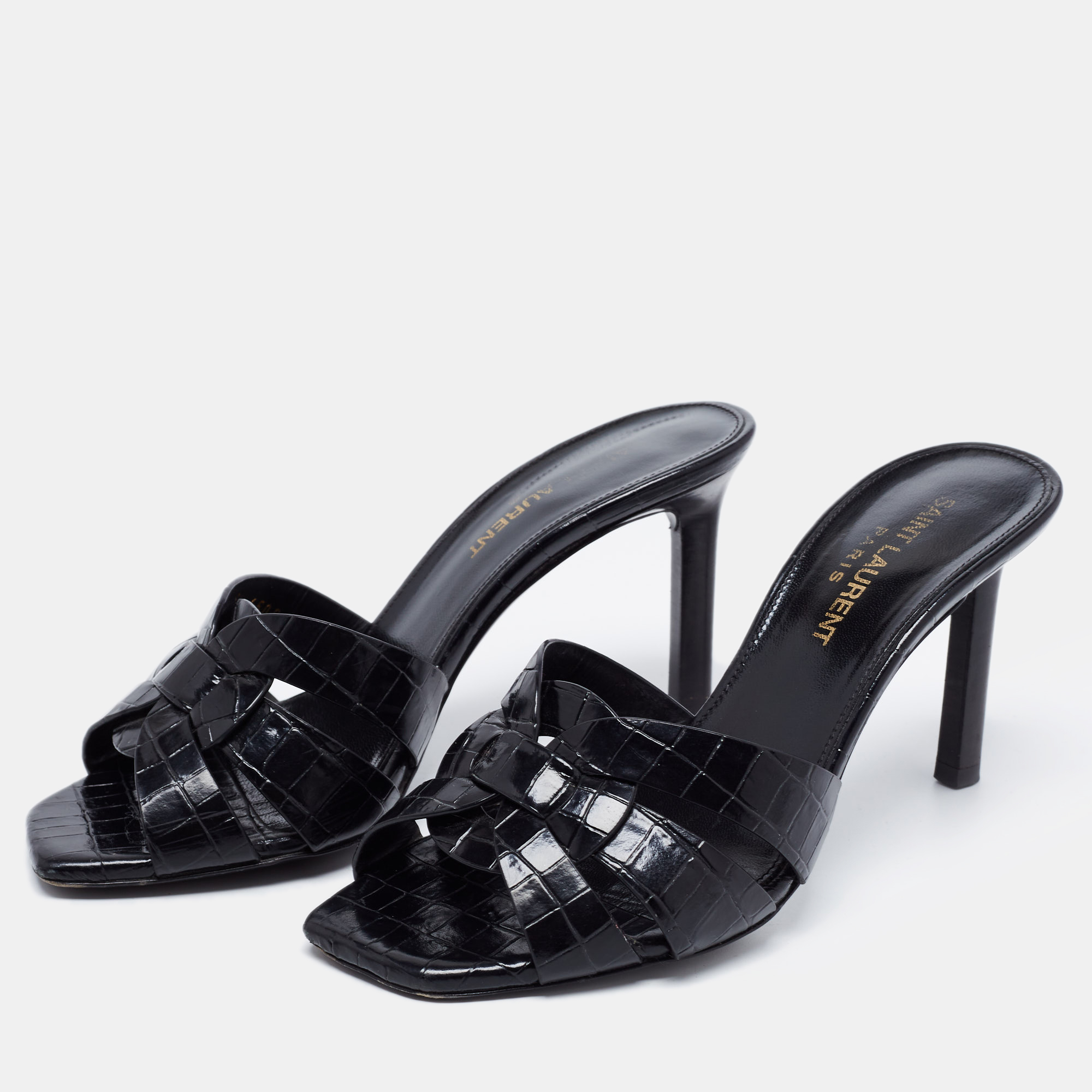 

Saint Laurent Black Croc Embossed Leather Tribute Slide Sandals Size